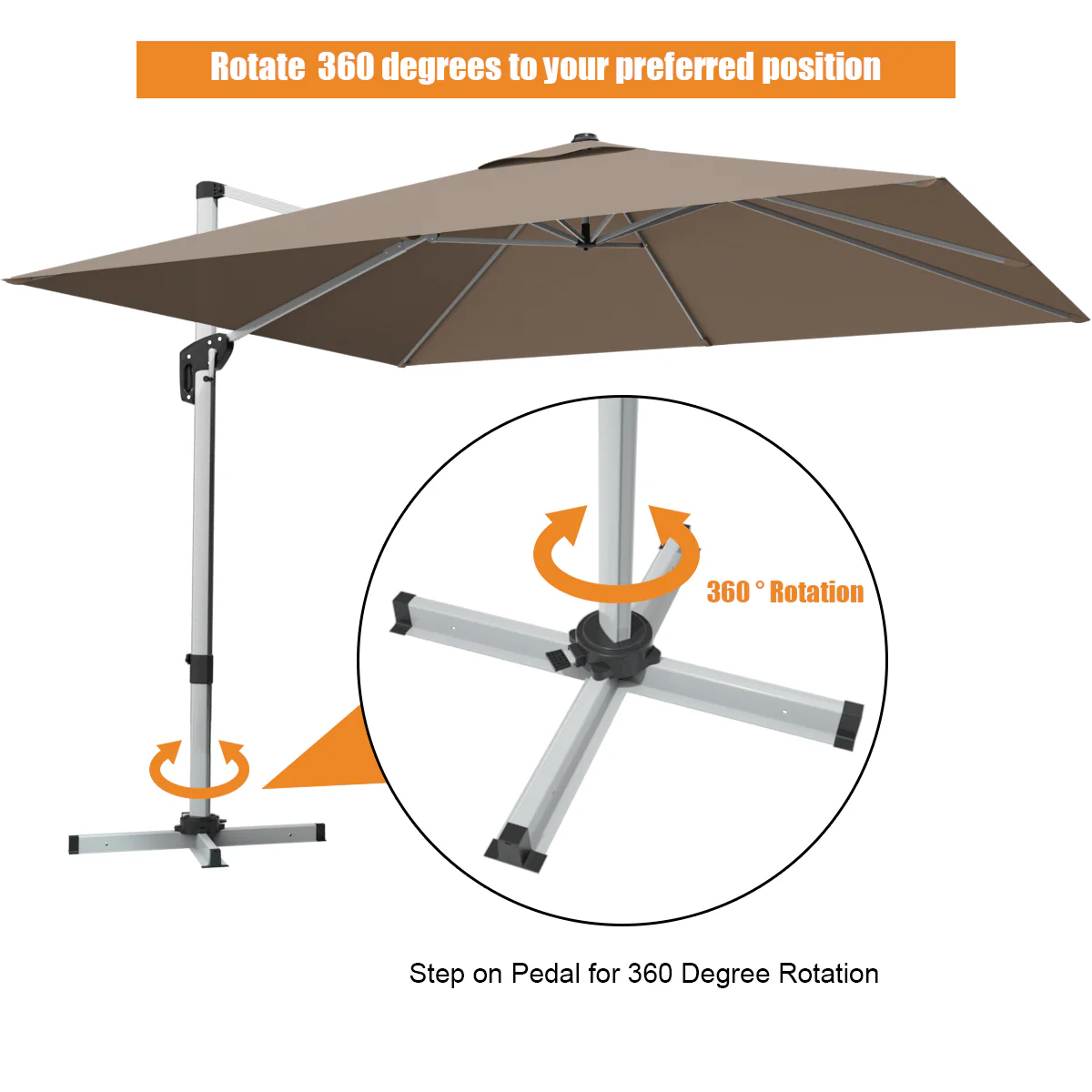 10 ft 360 Degree Tilt Aluminum Square Patio Offset Cantilever Umbrella without Weight Base, Tan - Image 8