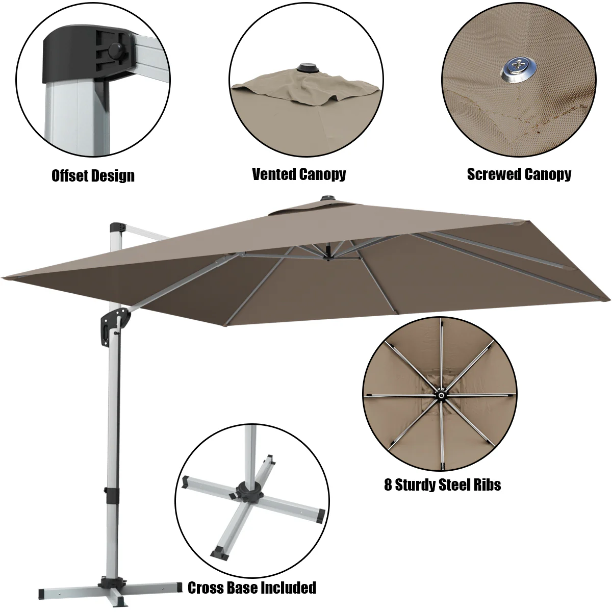 10 ft 360 Degree Tilt Aluminum Square Patio Offset Cantilever Umbrella without Weight Base, Tan - Image 9