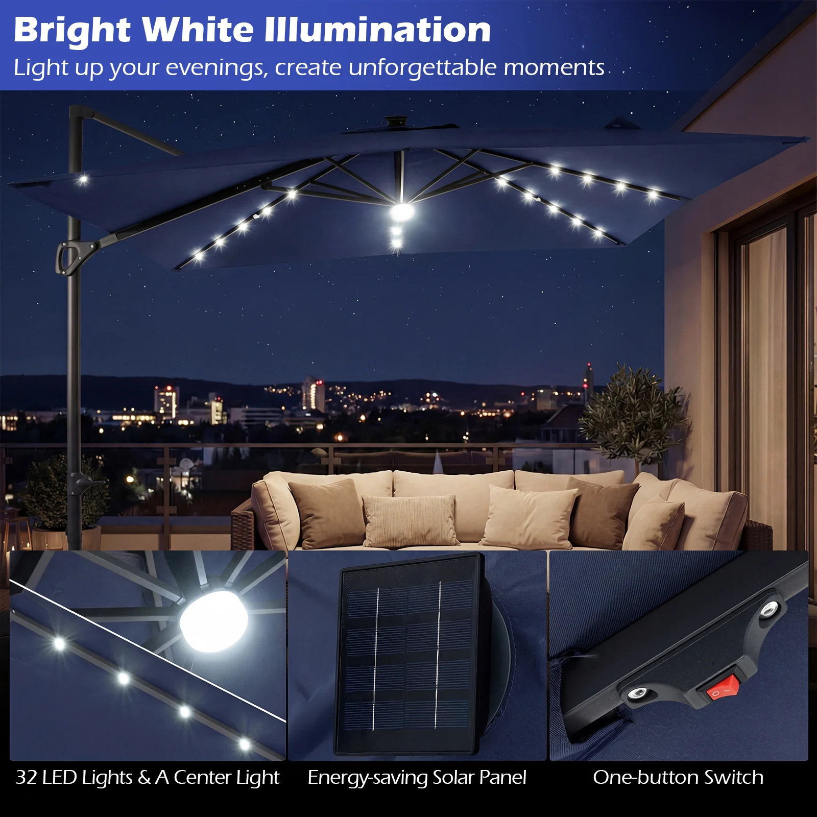 10 FT Cantilever Patio Umbrella, Solar LED Lights, Blue - Image 7