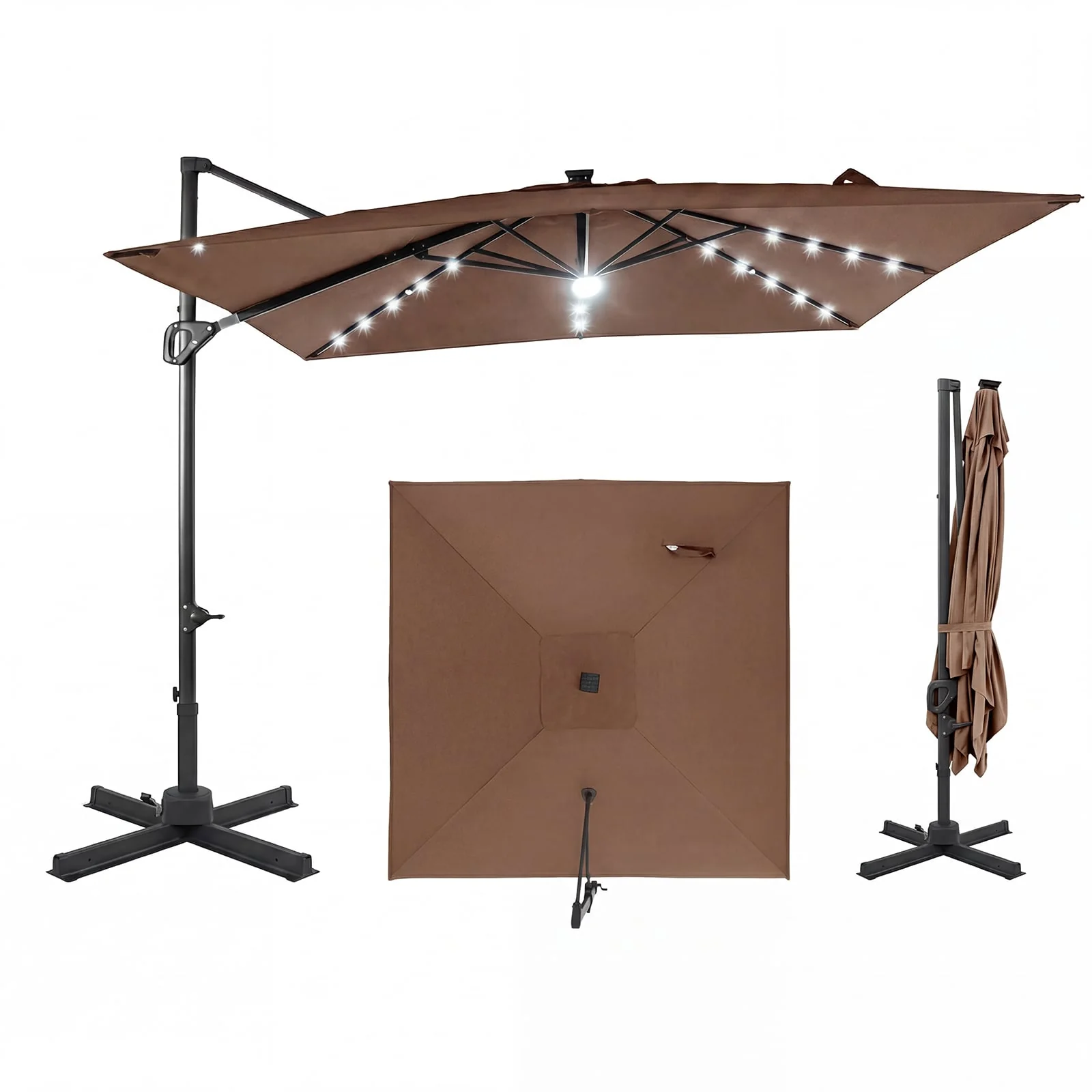 10 FT Cantilever Patio Umbrella, Solar LED Lights, Brown