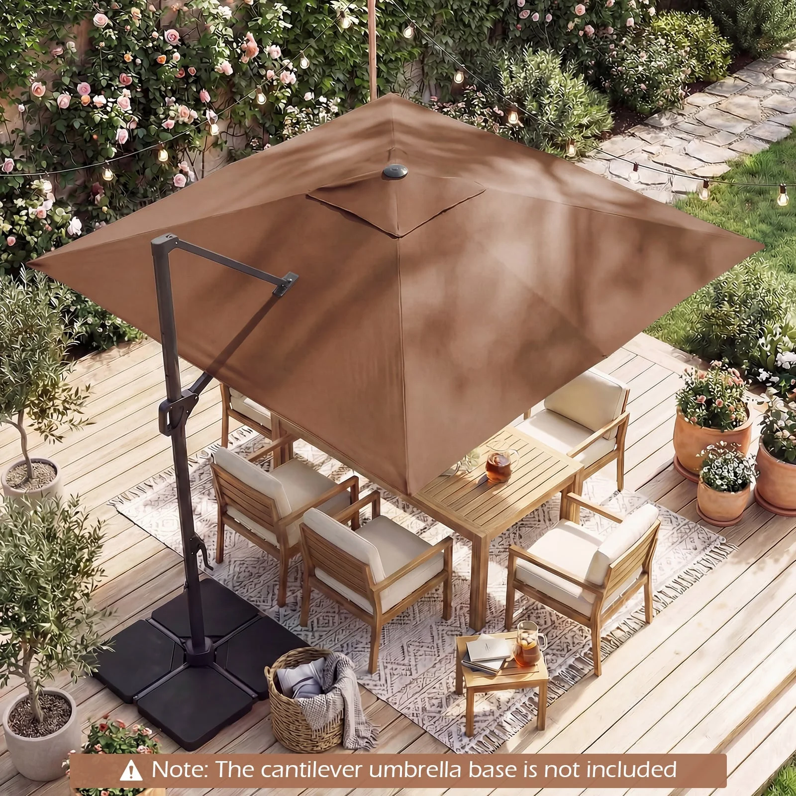10 FT Cantilever Patio Umbrella, Solar LED Lights, Brown - Image 2