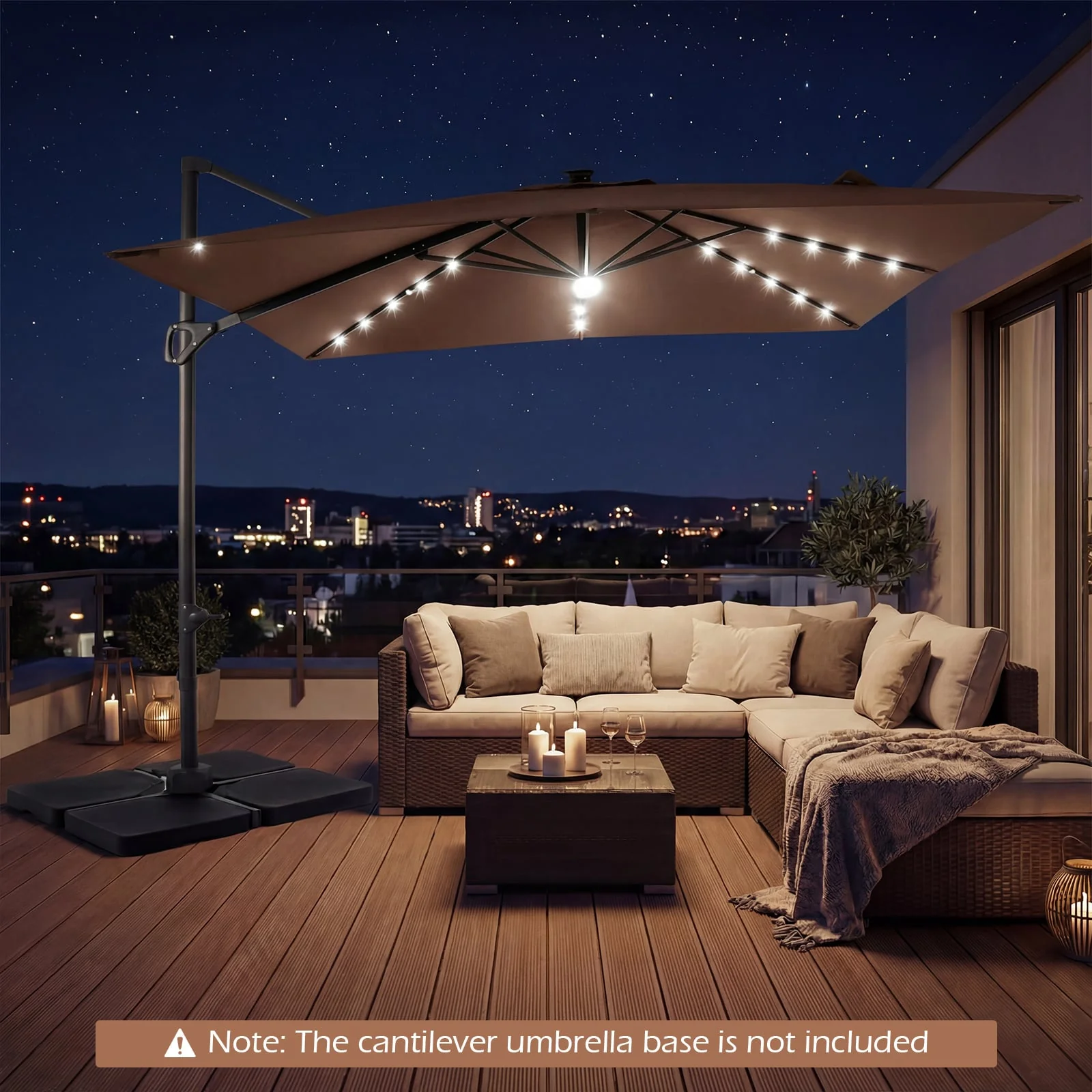 10 FT Cantilever Patio Umbrella, Solar LED Lights, Brown - Image 3