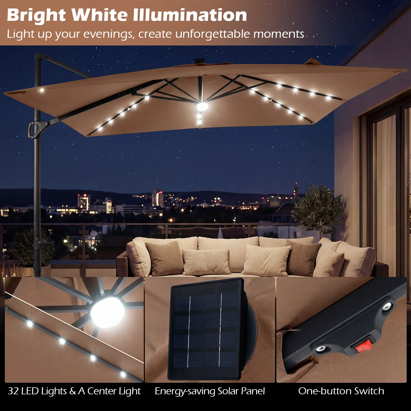 10 FT Cantilever Patio Umbrella, Solar LED Lights, Brown - Image 7