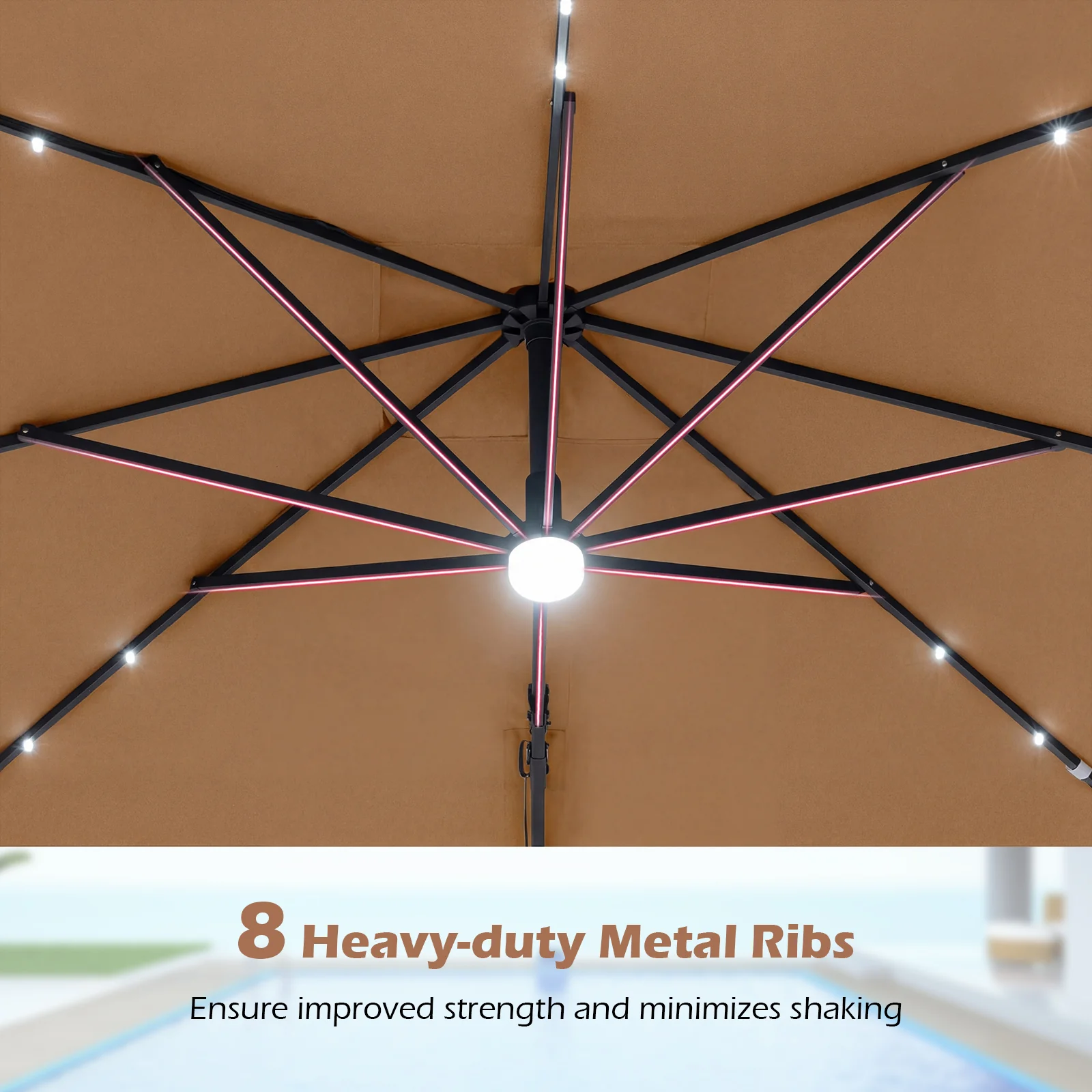 10 FT Cantilever Patio Umbrella, Solar LED Lights, Brown - Image 9