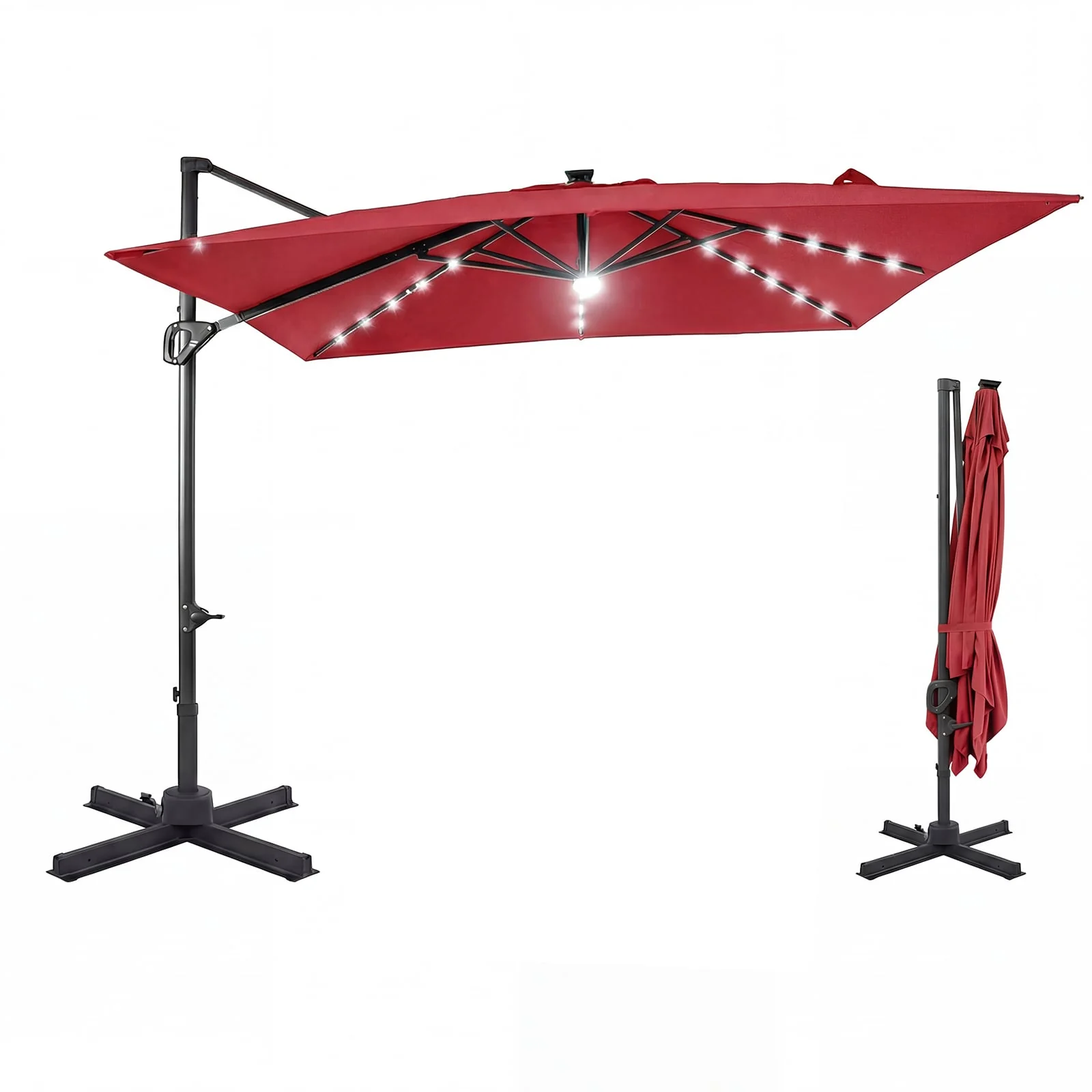 10 FT Cantilever Patio Umbrella, Solar LED Lights, Red - Image 4