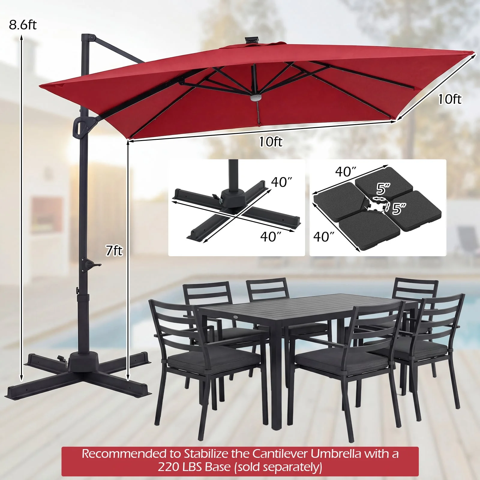 10 FT Cantilever Patio Umbrella, Solar LED Lights, Red - Image 5
