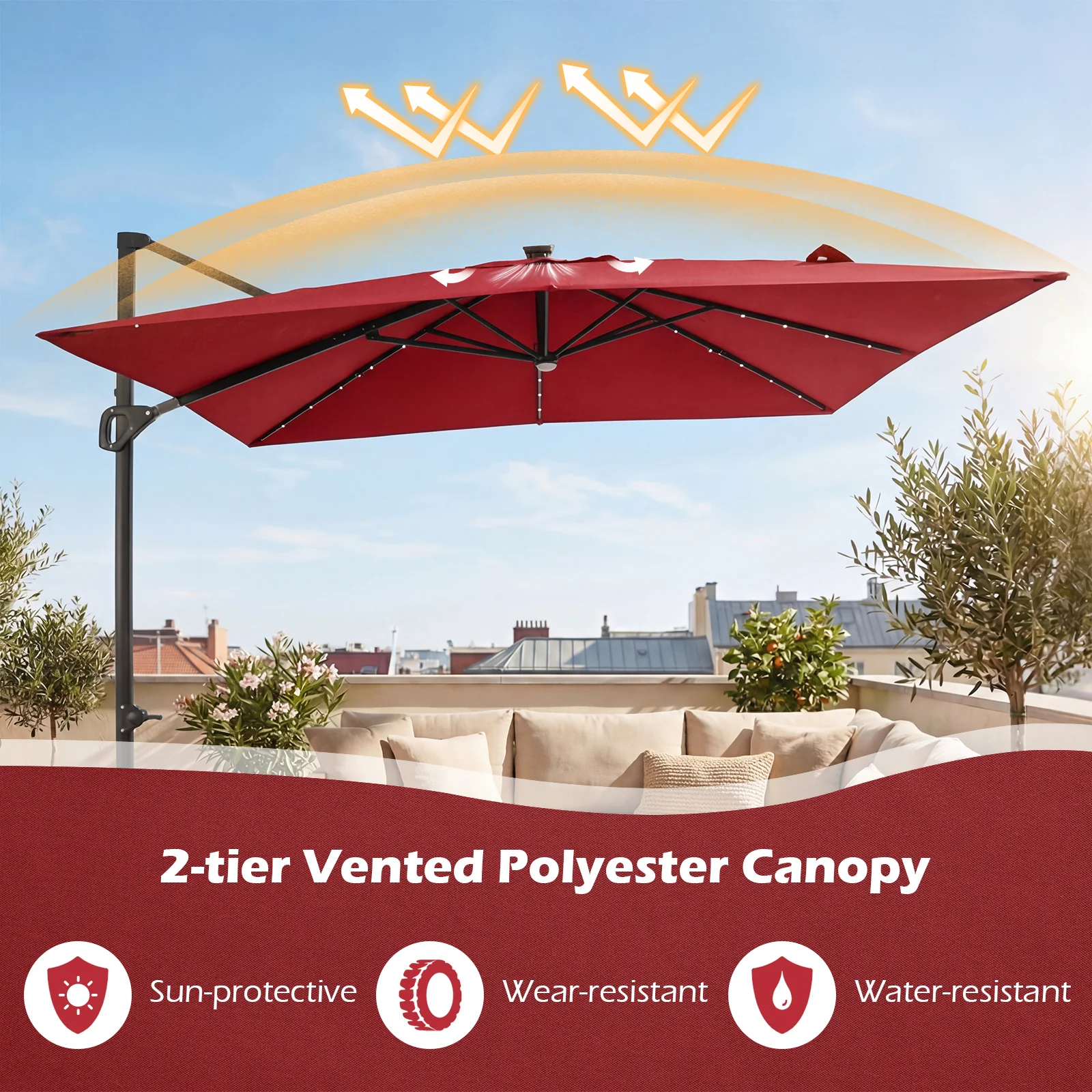 10 FT Cantilever Patio Umbrella, Solar LED Lights, Red - Image 8