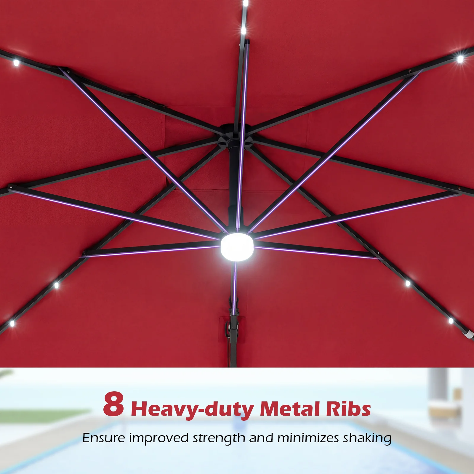 10 FT Cantilever Patio Umbrella, Solar LED Lights, Red - Image 9