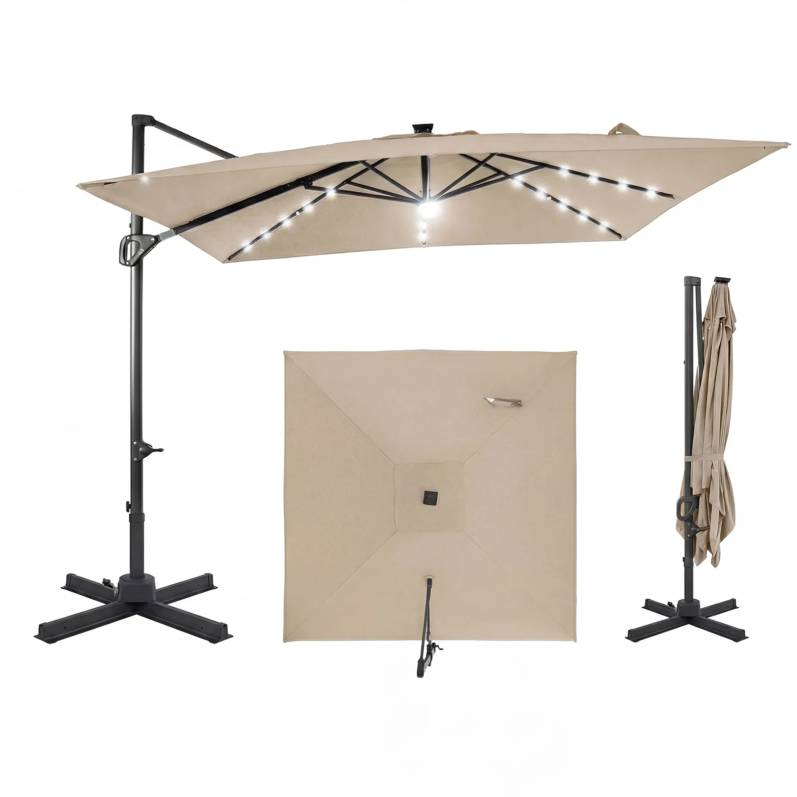 10 FT Cantilever Patio Umbrella with Solar LED Lights, Beige