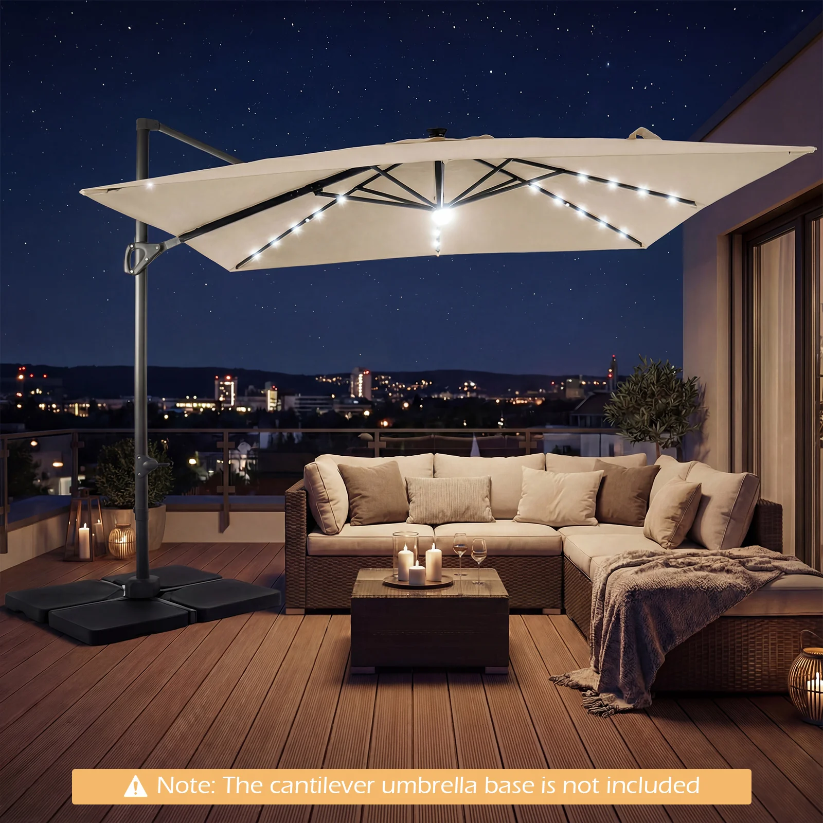 10 FT Cantilever Patio Umbrella with Solar LED Lights, Beige - Image 3