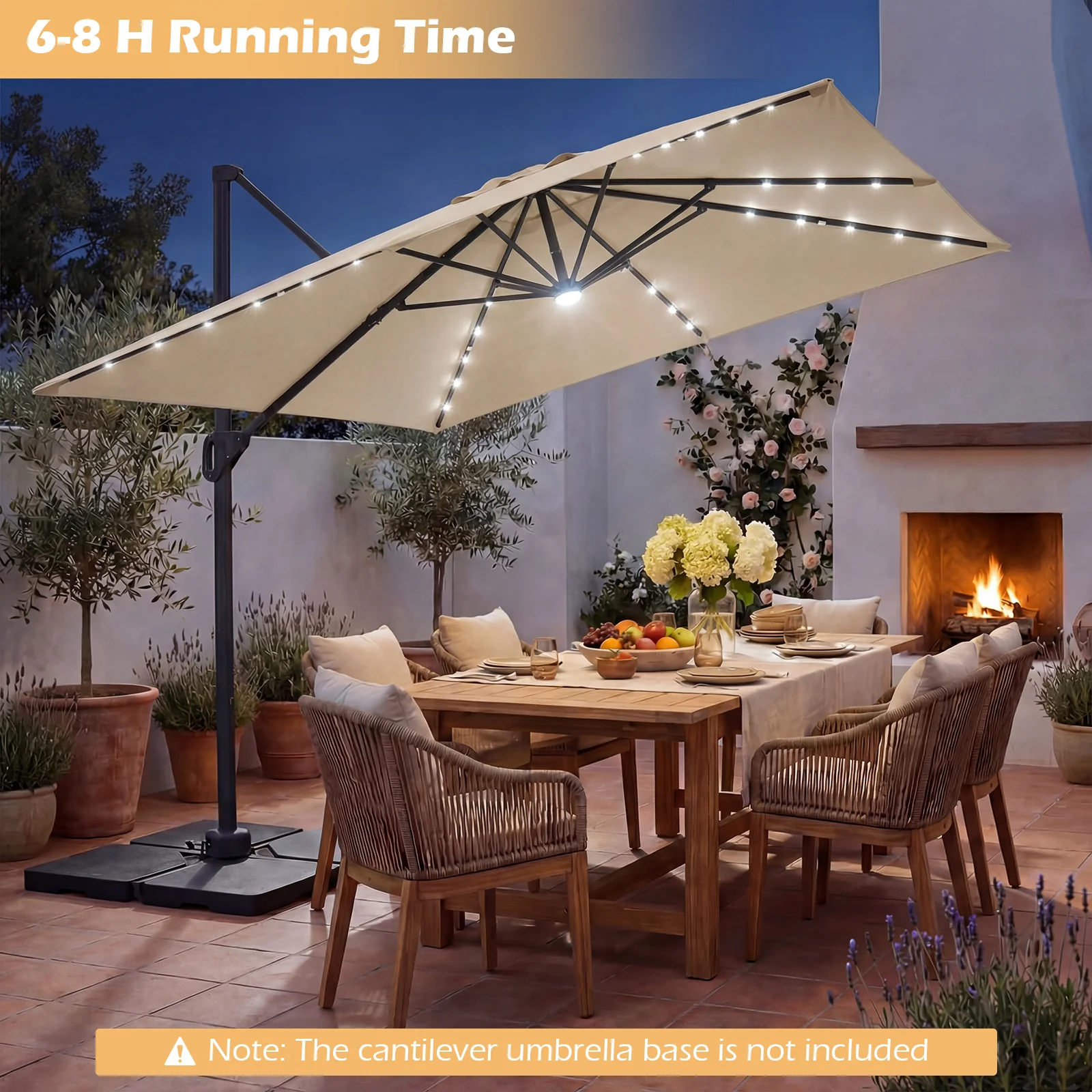 10 FT Cantilever Patio Umbrella with Solar LED Lights, Beige - Image 5