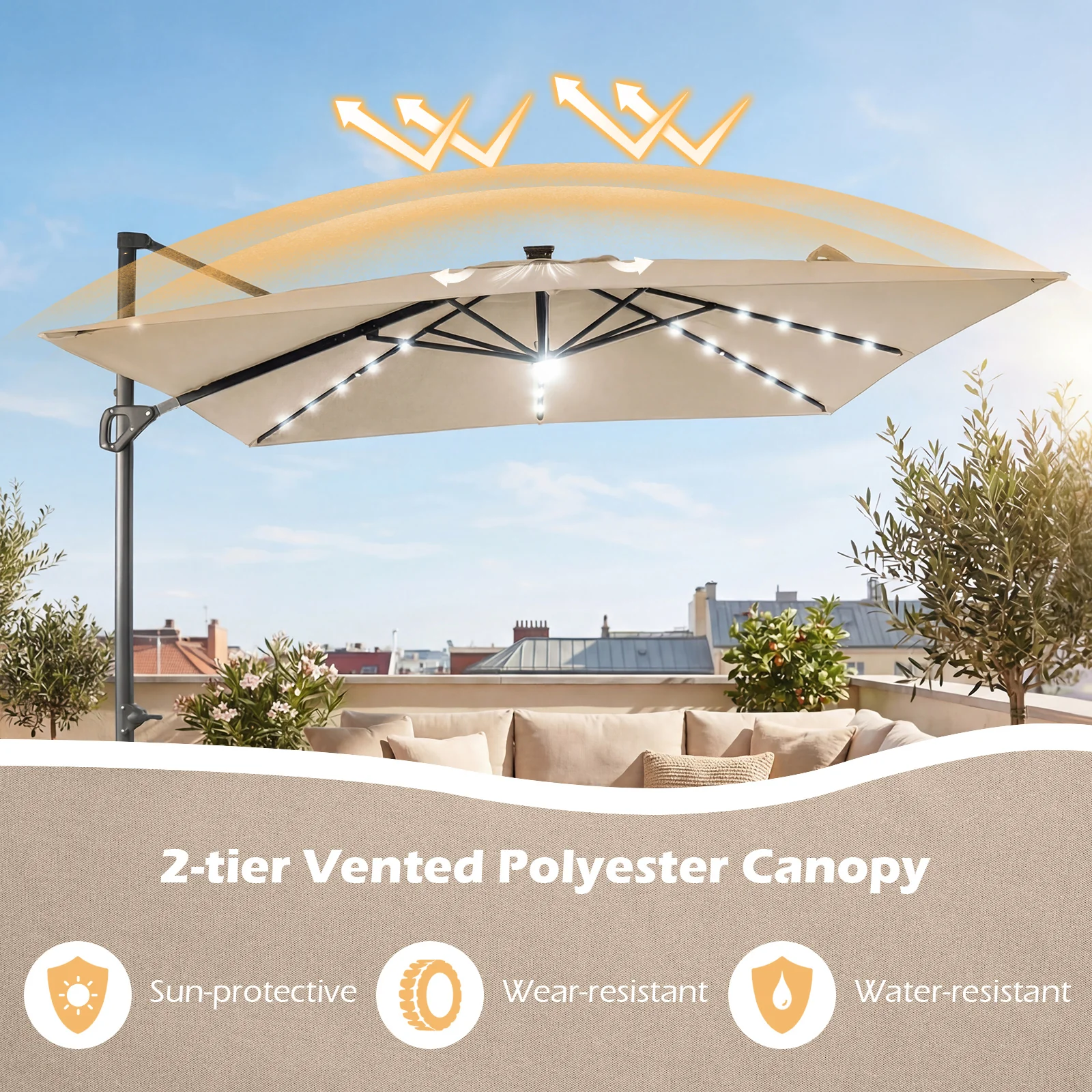 10 FT Cantilever Patio Umbrella with Solar LED Lights, Beige - Image 7