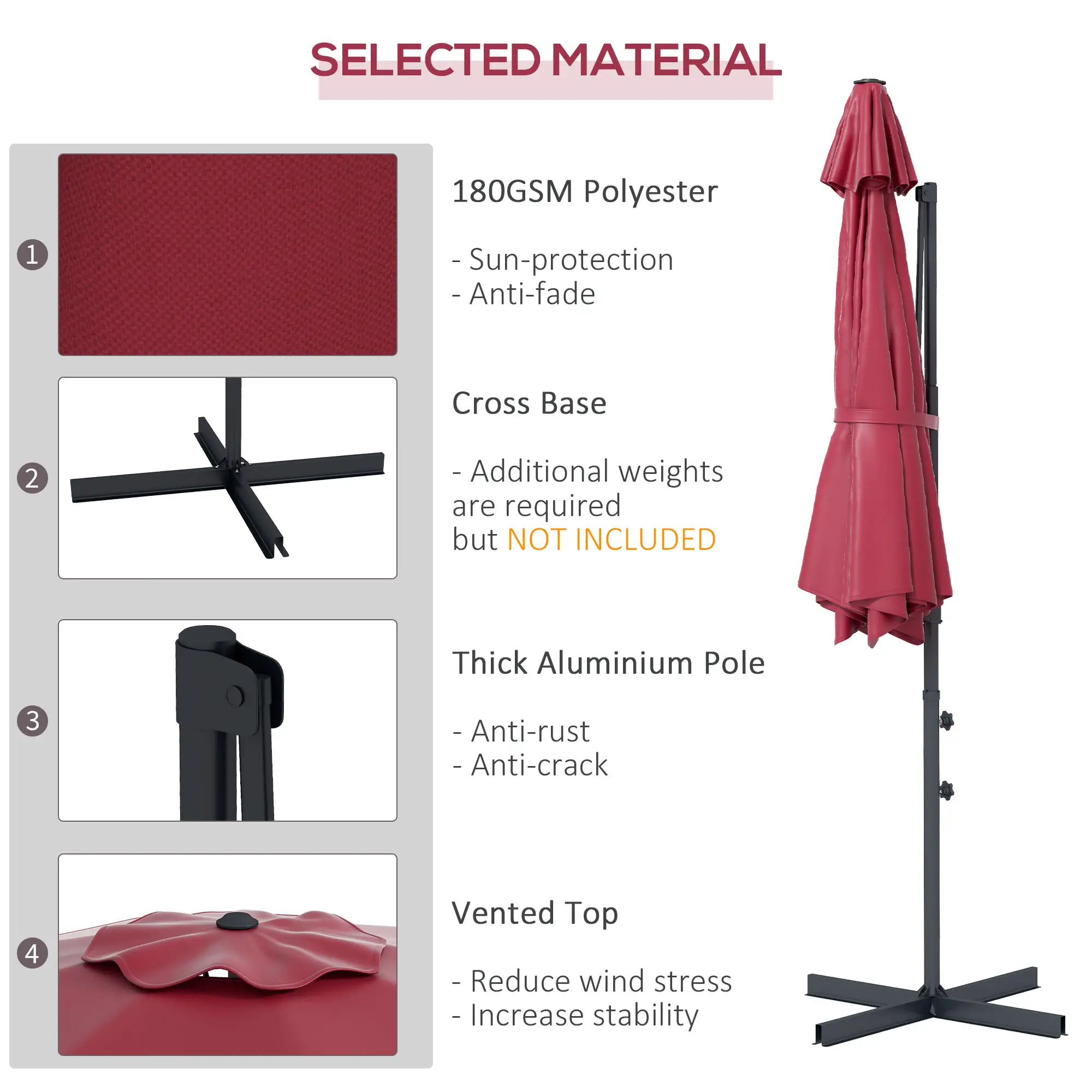 10 FT Cantilever Umbrella, Aluminum, 360° Rotation, Crank, Tilt, Cross Base, Red - Image 4