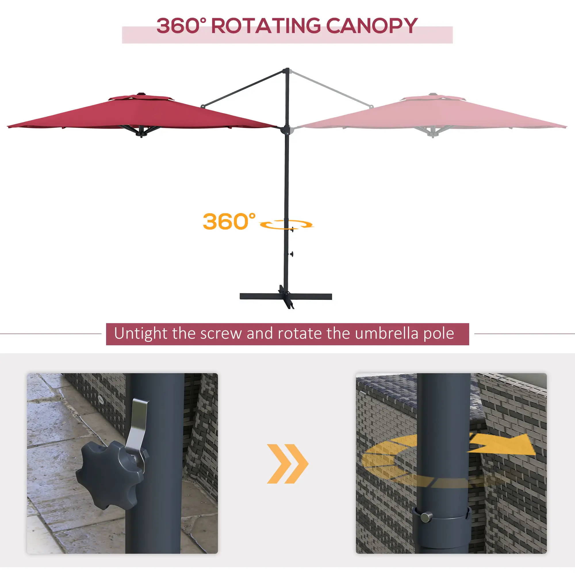 10 FT Cantilever Umbrella, Aluminum, 360° Rotation, Crank, Tilt, Cross Base, Red - Image 6
