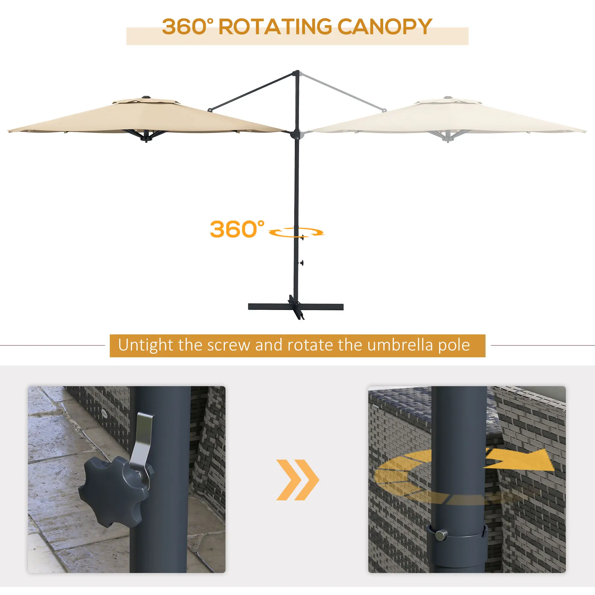10 FT Cantilever Umbrella, Aluminum, 360° Rotation, Crank, Tilt, Khaki - Image 6
