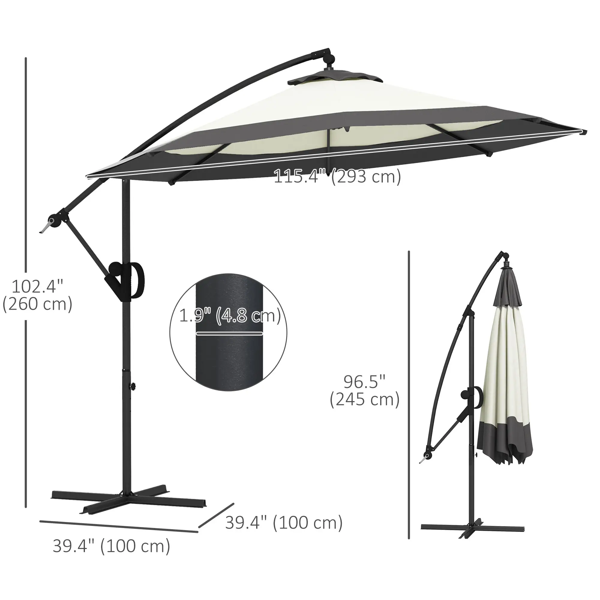 10 FT Cantilever Umbrella, Round Hanging Offset with Crank, Tilt, Grey - Image 3