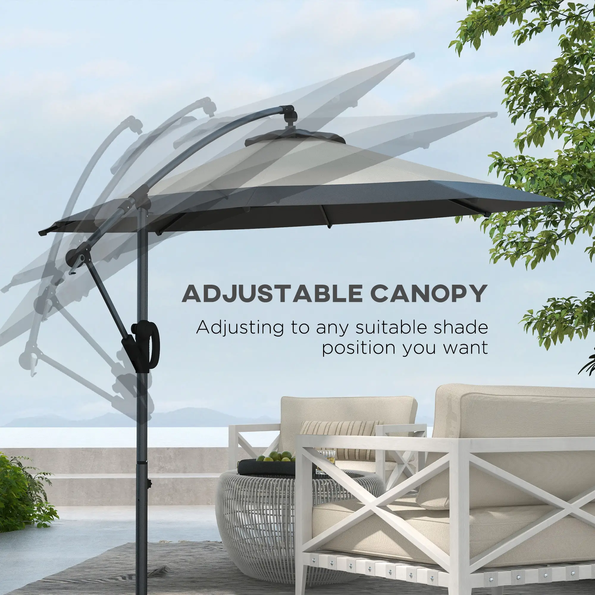 10 FT Cantilever Umbrella, Round Hanging Offset with Crank, Tilt, Grey - Image 5