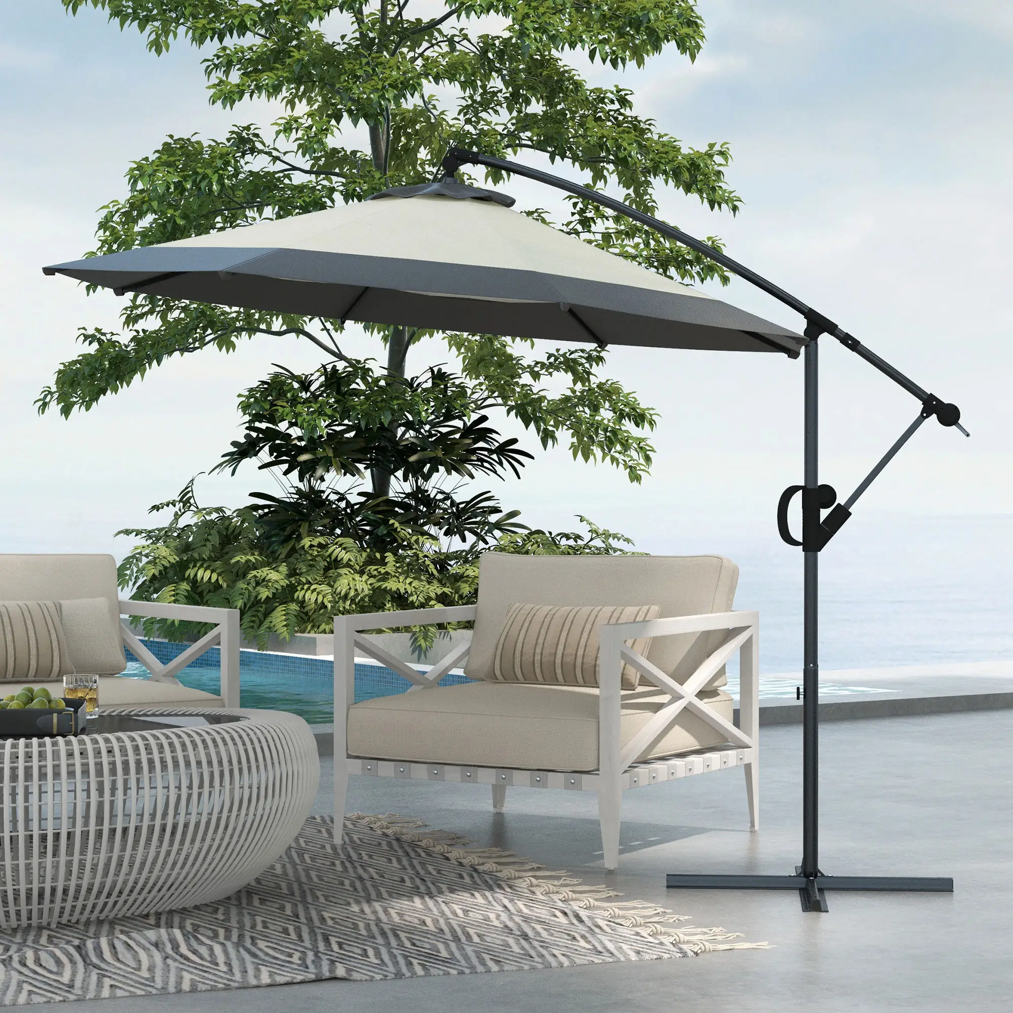 10 FT Cantilever Umbrella, Round Hanging Offset with Crank, Tilt, Grey - Image 8