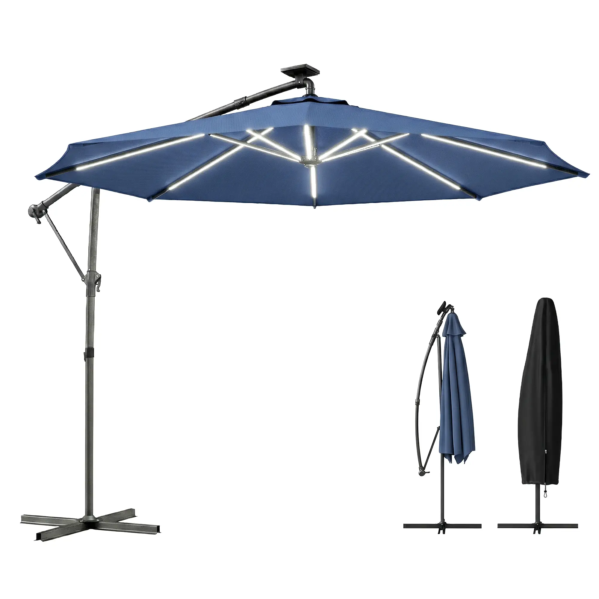 10 ft Offset Patio Umbrella, Solar Light, 360° Rotation, Tilt, Cover, Navy Blue