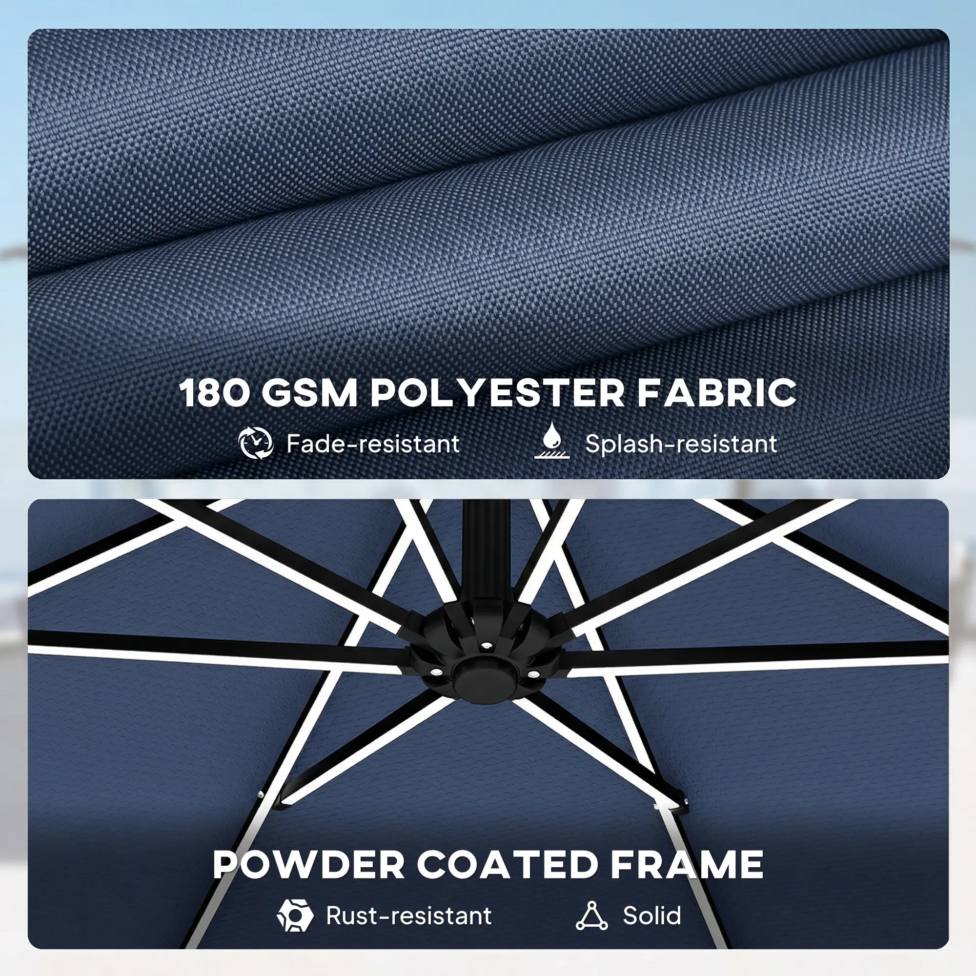 10 ft Offset Patio Umbrella, Solar Light, 360° Rotation, Tilt, Cover, Navy Blue - Image 10