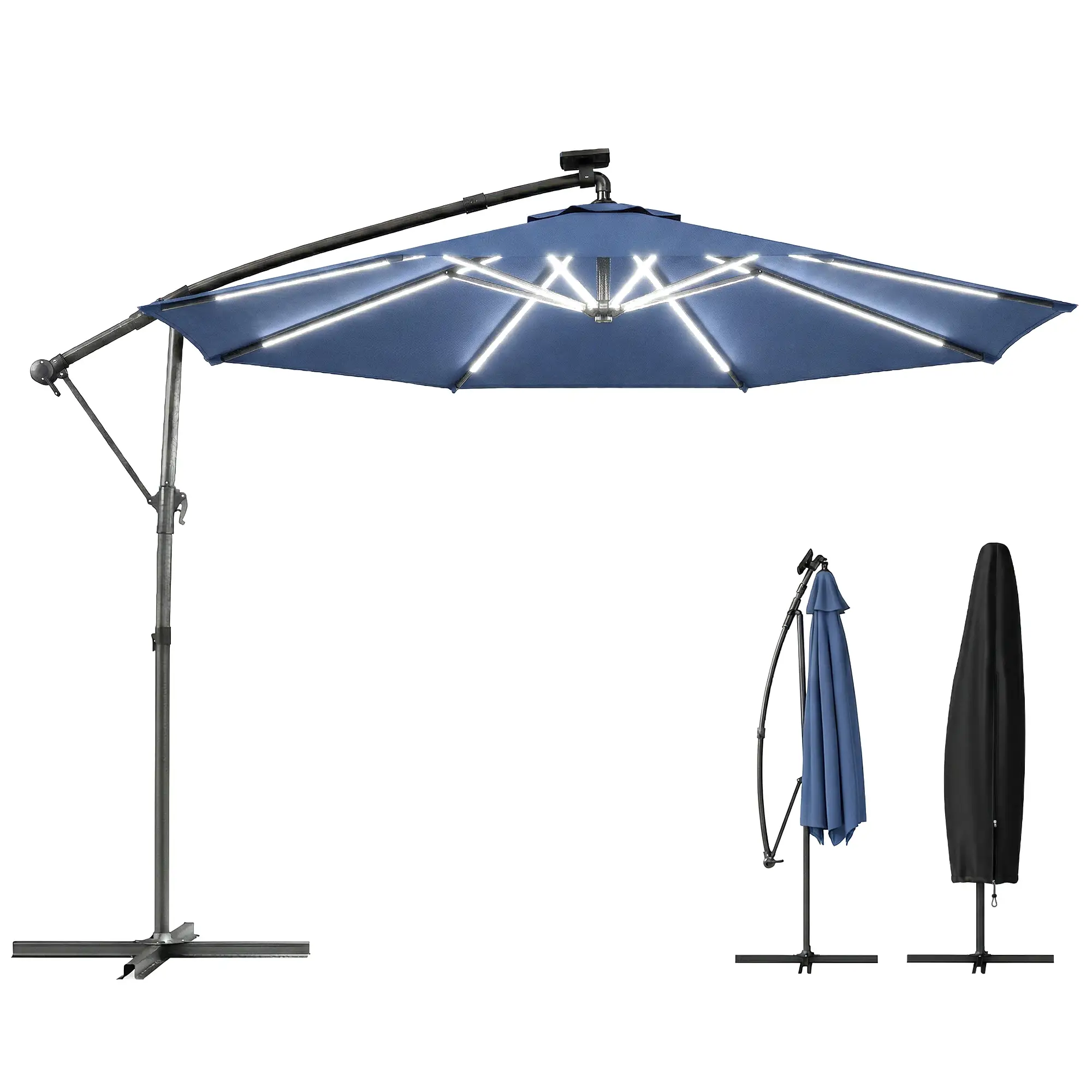 10 ft Offset Patio Umbrella, Solar Light, 360° Rotation, Tilt, Cover, Navy Blue - Image 11