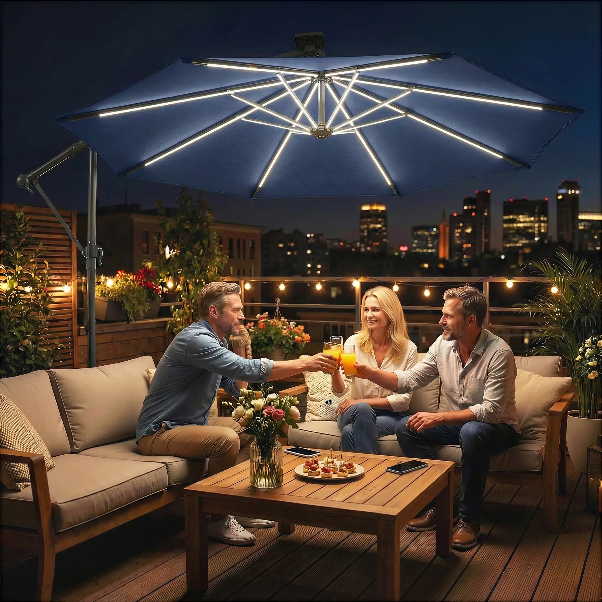 10 ft Offset Patio Umbrella, Solar Light, 360° Rotation, Tilt, Cover, Navy Blue - Image 2