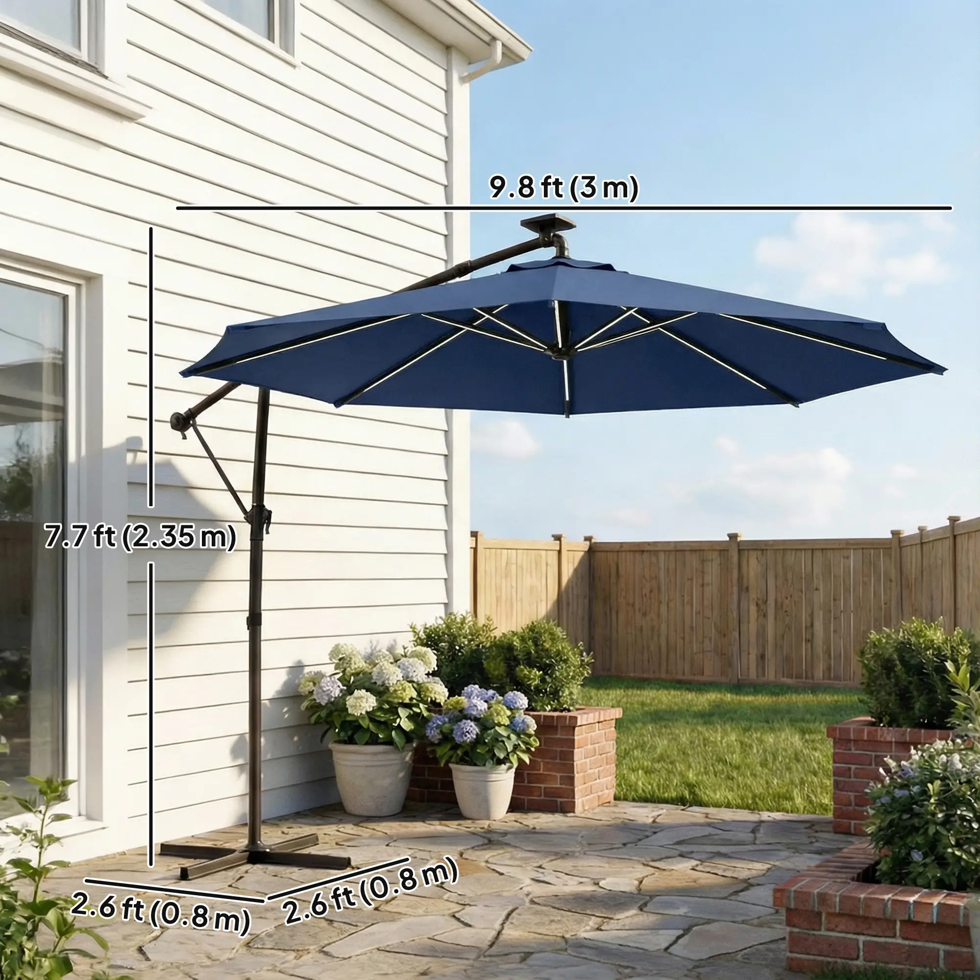 10 ft Offset Patio Umbrella, Solar Light, 360° Rotation, Tilt, Cover, Navy Blue - Image 3