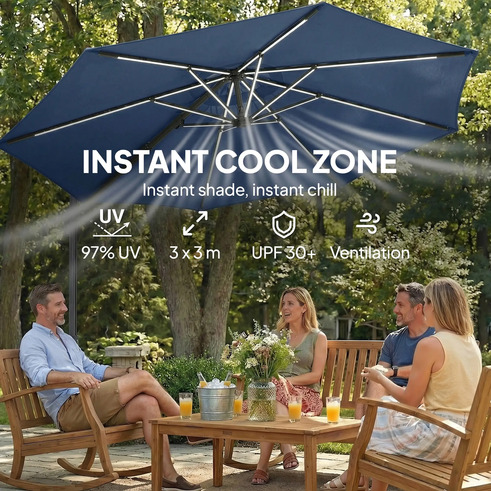 10 ft Offset Patio Umbrella, Solar Light, 360° Rotation, Tilt, Cover, Navy Blue - Image 5