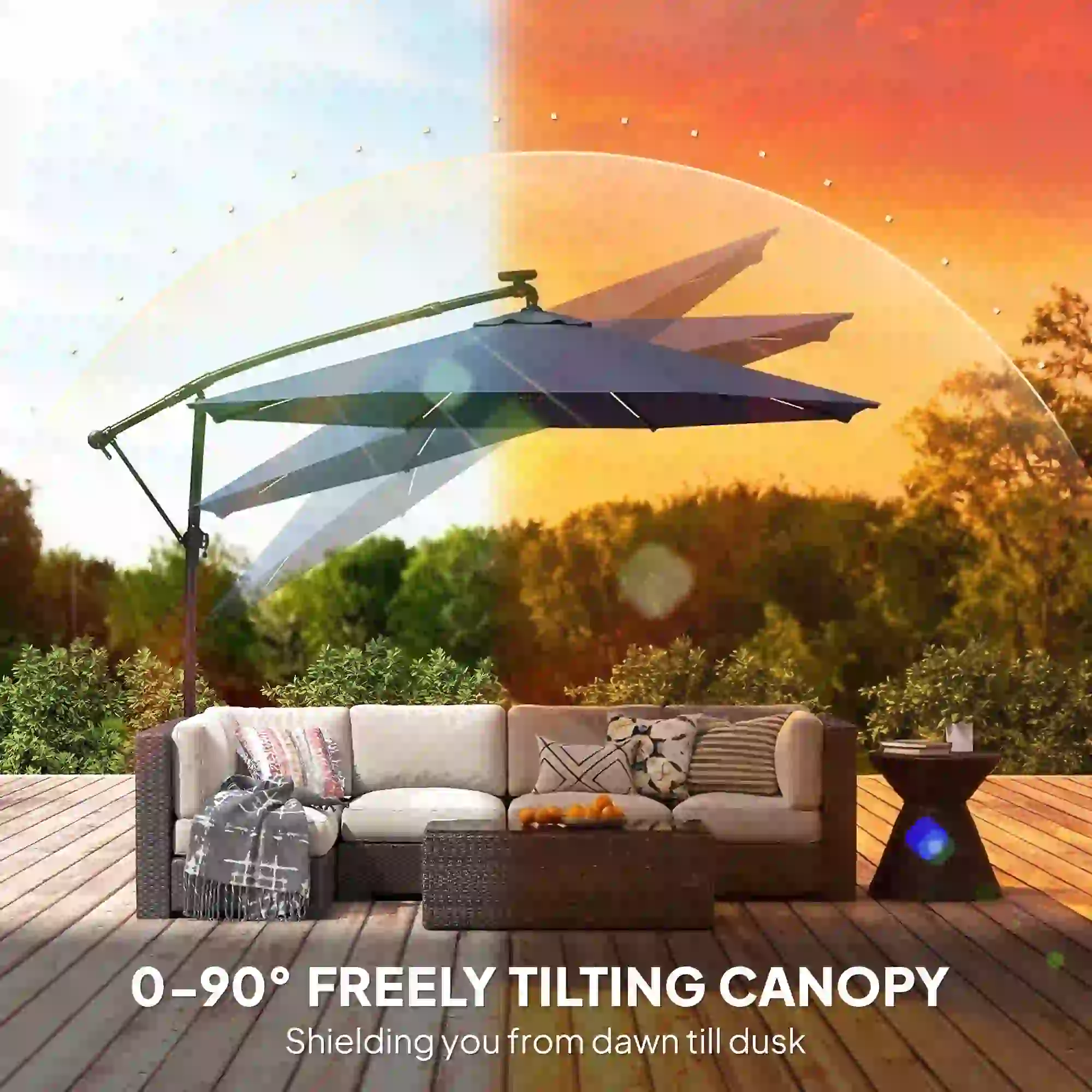 10 ft Offset Patio Umbrella, Solar Light, 360° Rotation, Tilt, Cover, Navy Blue - Image 6