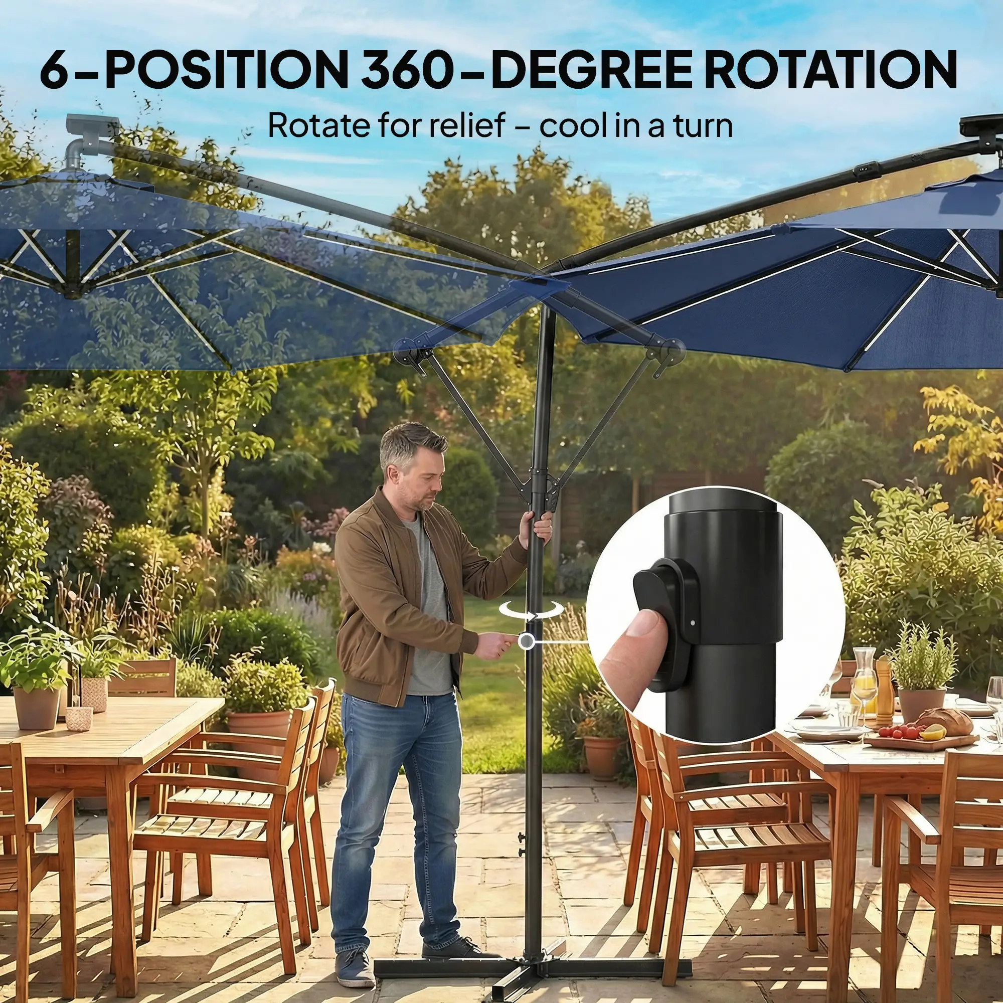 10 ft Offset Patio Umbrella, Solar Light, 360° Rotation, Tilt, Cover, Navy Blue - Image 7