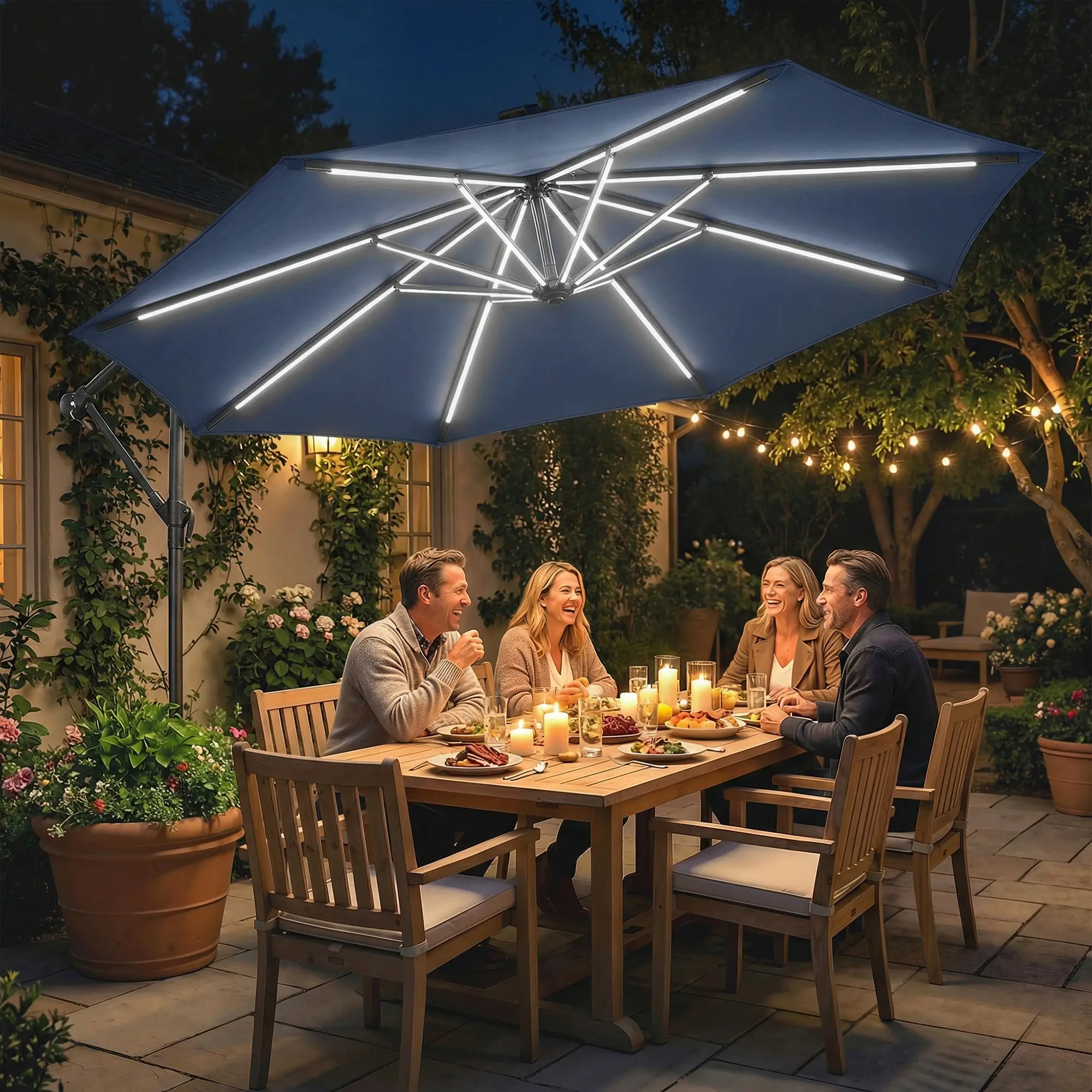 10 ft Offset Patio Umbrella, Solar Light, 360° Rotation, Tilt, Cover, Navy Blue - Image 8