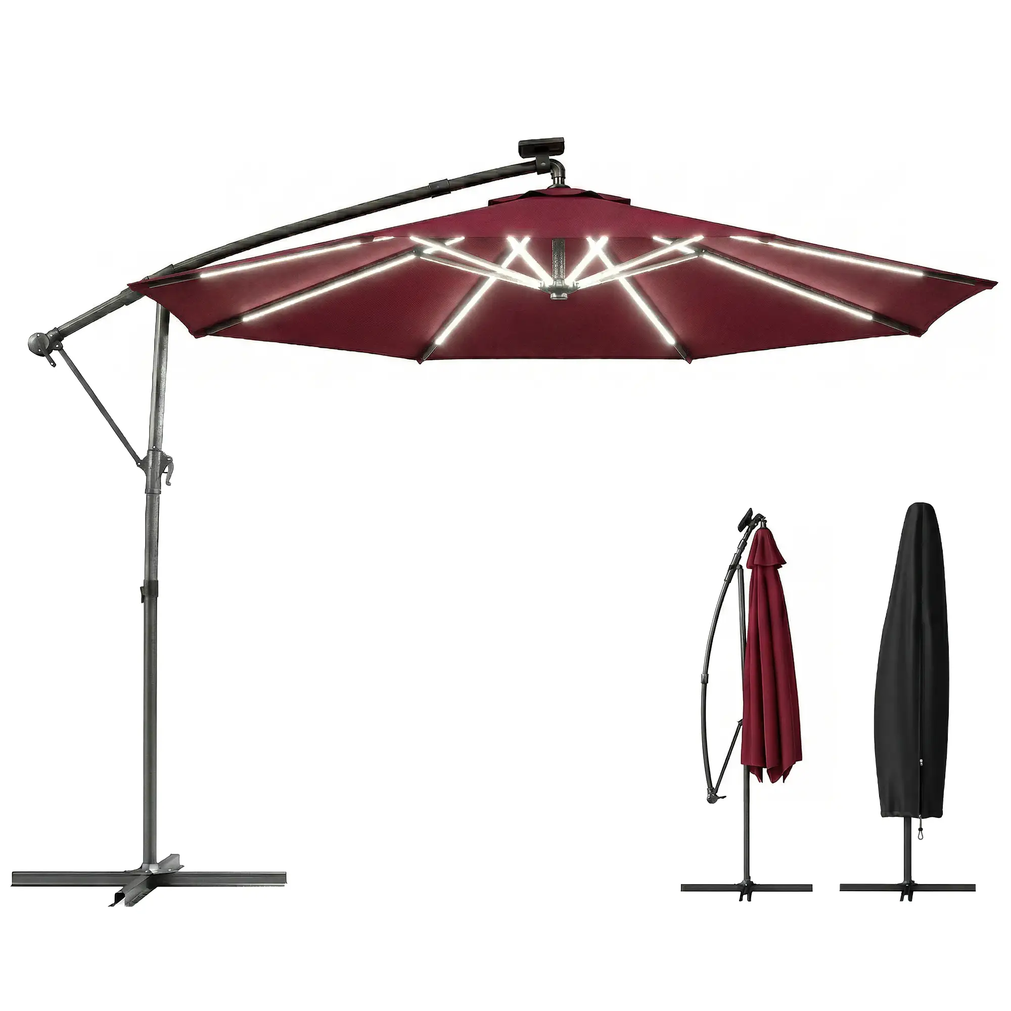 10 ft Offset Patio Umbrella, Solar Light, 360° Rotation, Tilt, Wine Red - Image 11