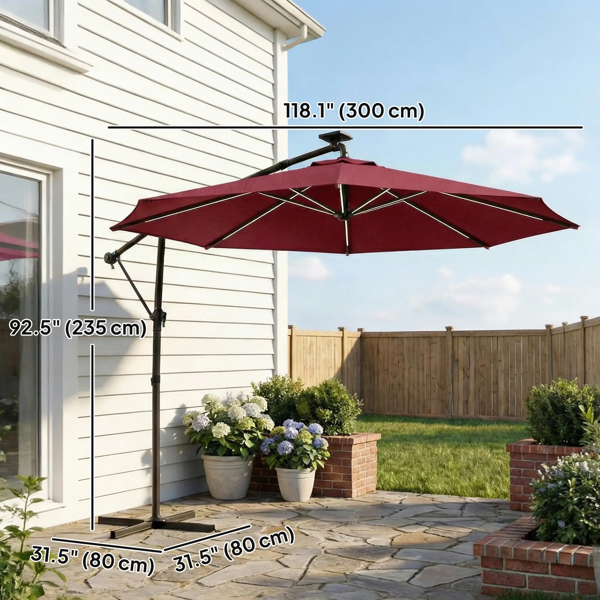 10 ft Offset Patio Umbrella, Solar Light, 360° Rotation, Tilt, Wine Red - Image 3