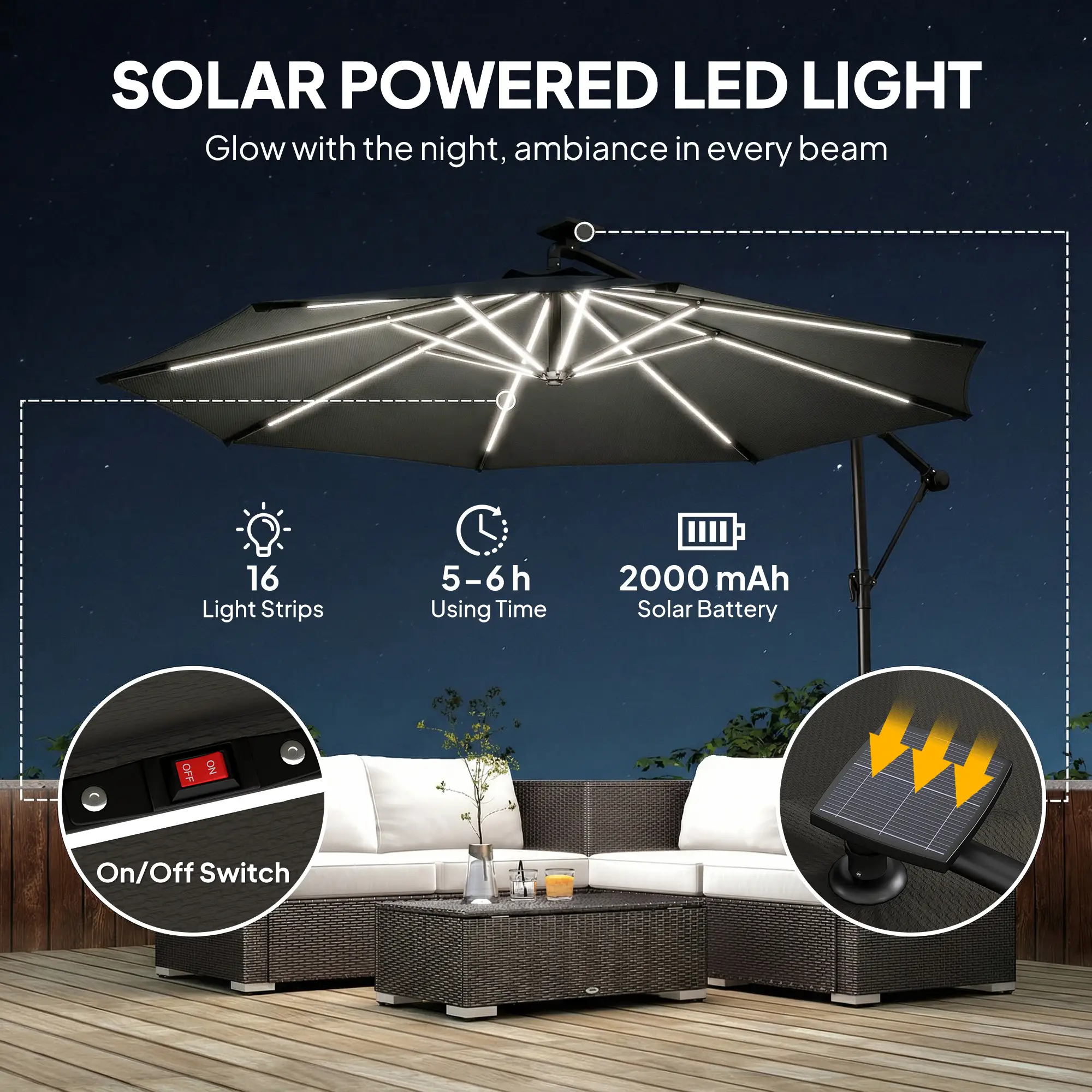 10 ft Offset Patio Umbrella With Solar Light, 360° Rotation, Tilt, Cover, Black - Image 4