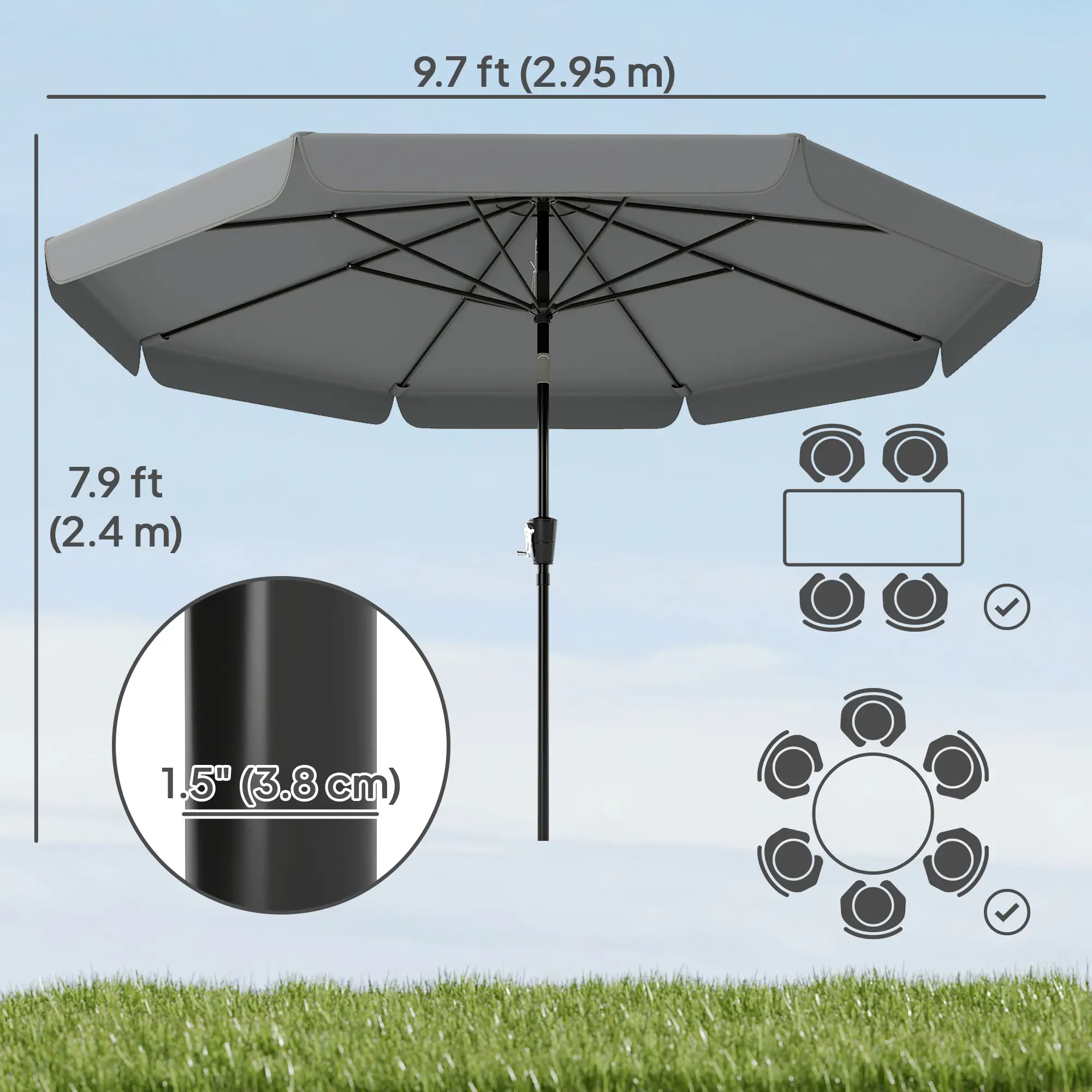 10 ft Outdoor Patio Umbrella, Push Button Tilt, Crank, Dark Grey - Image 3