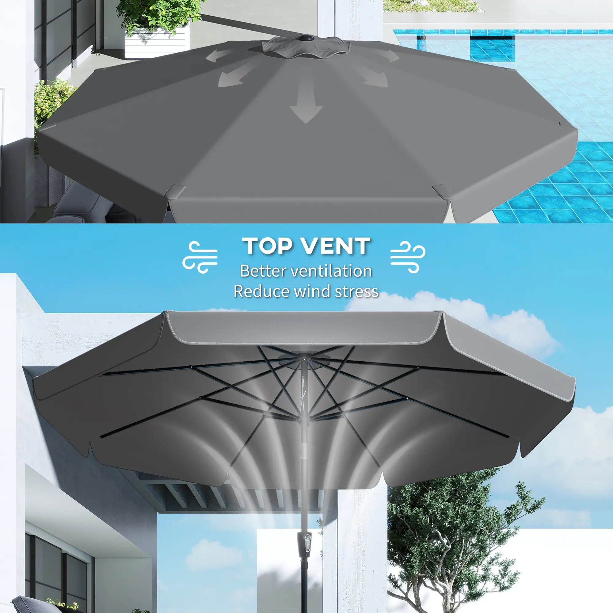 10 ft Outdoor Patio Umbrella, Push Button Tilt, Crank, Dark Grey - Image 9