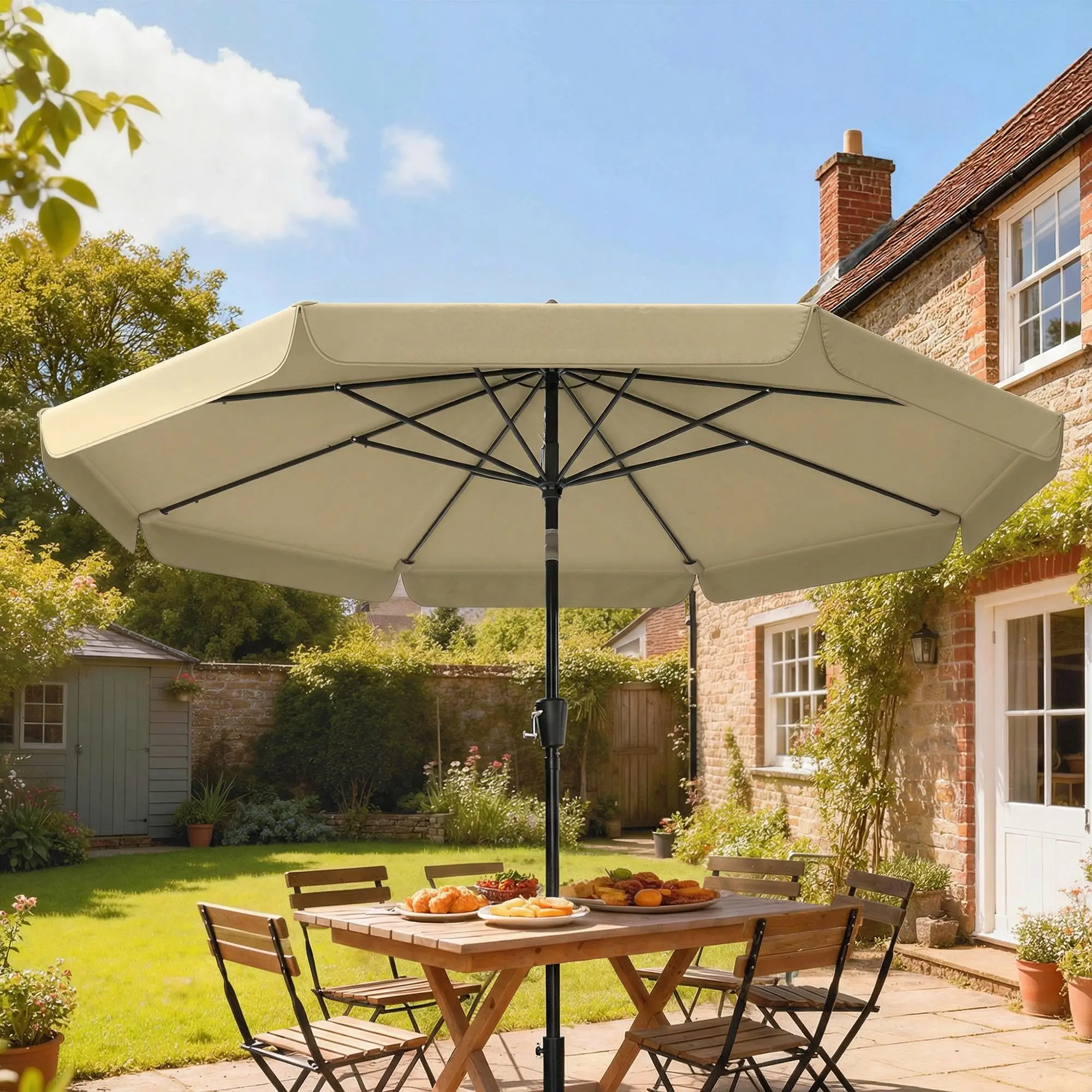 10 ft Outdoor Patio Umbrella, Push Button Tilt Crank, Khaki - Image 2