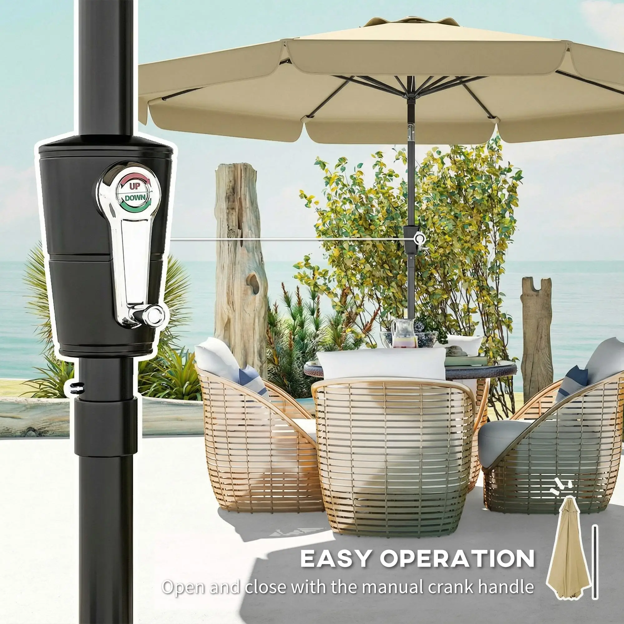 10 ft Outdoor Patio Umbrella, Push Button Tilt Crank, Khaki - Image 5