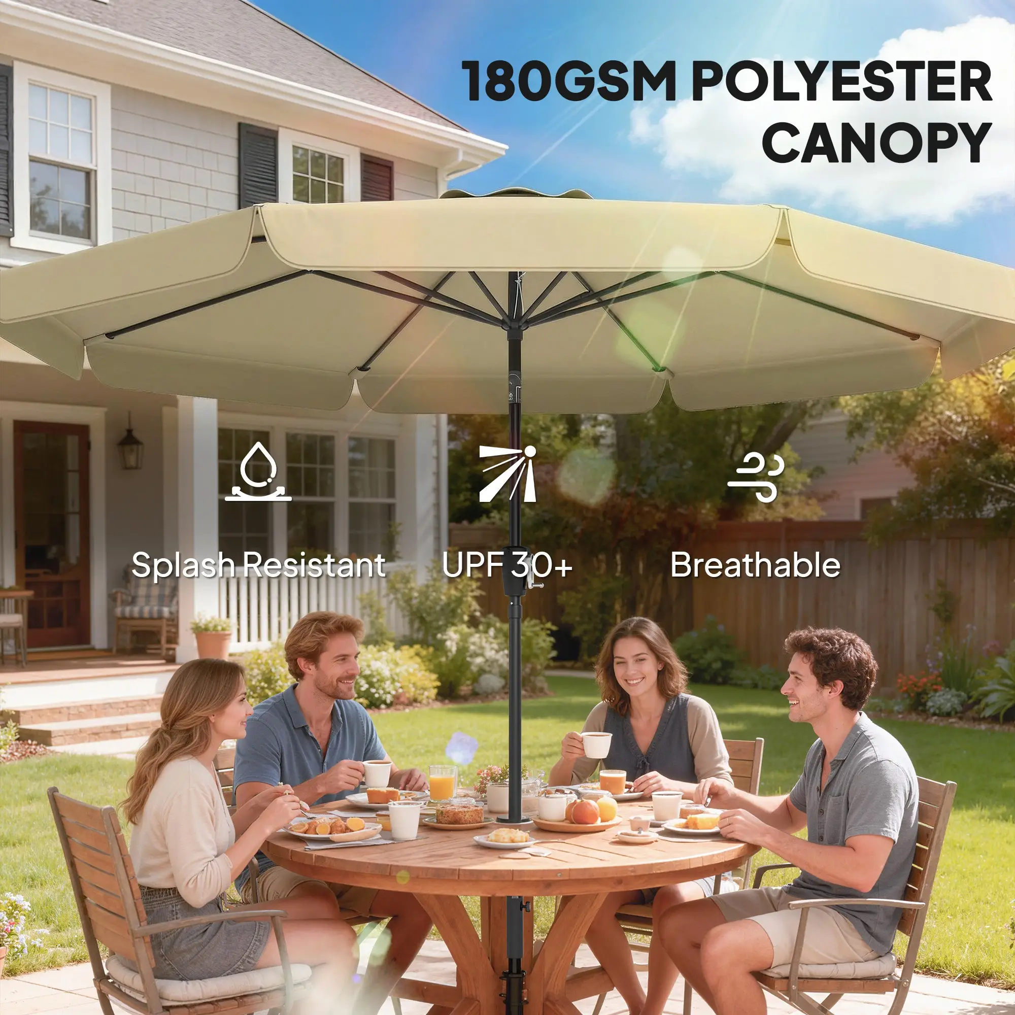 10 ft Outdoor Patio Umbrella, Push Button Tilt Crank, Khaki - Image 6