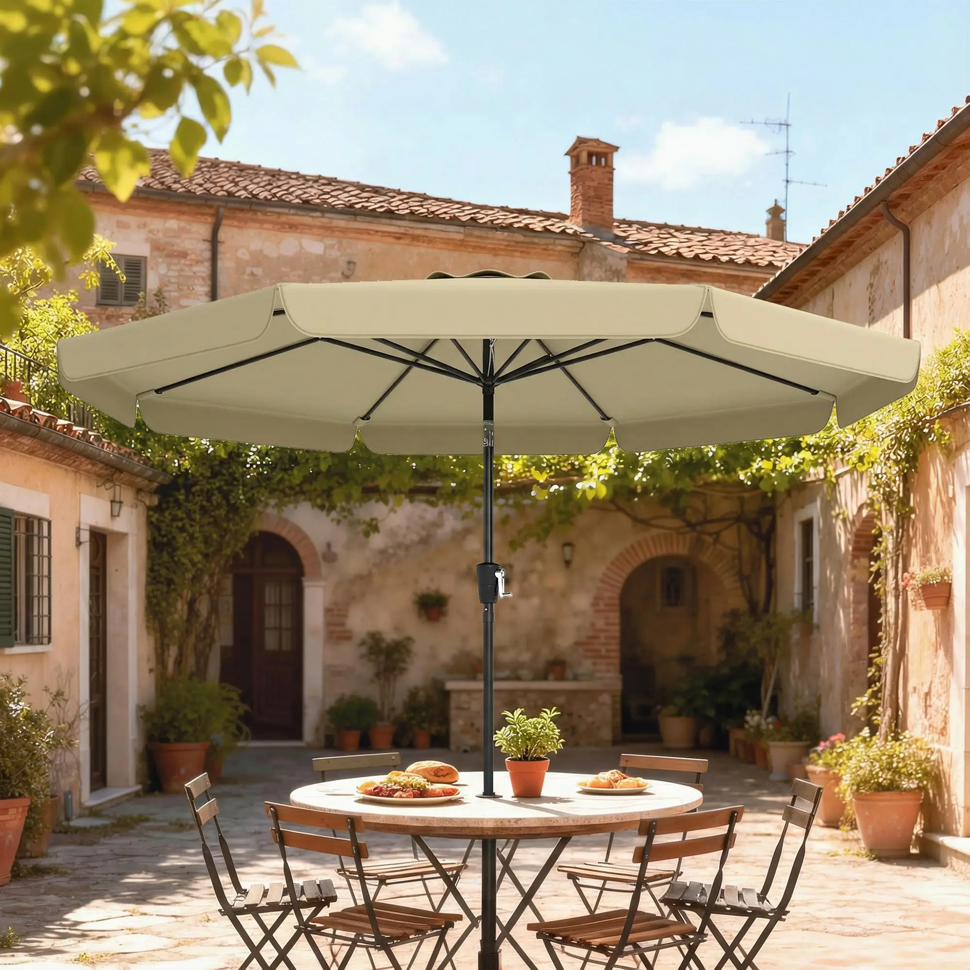 10 ft Outdoor Patio Umbrella, Push Button Tilt Crank, Khaki - Image 8