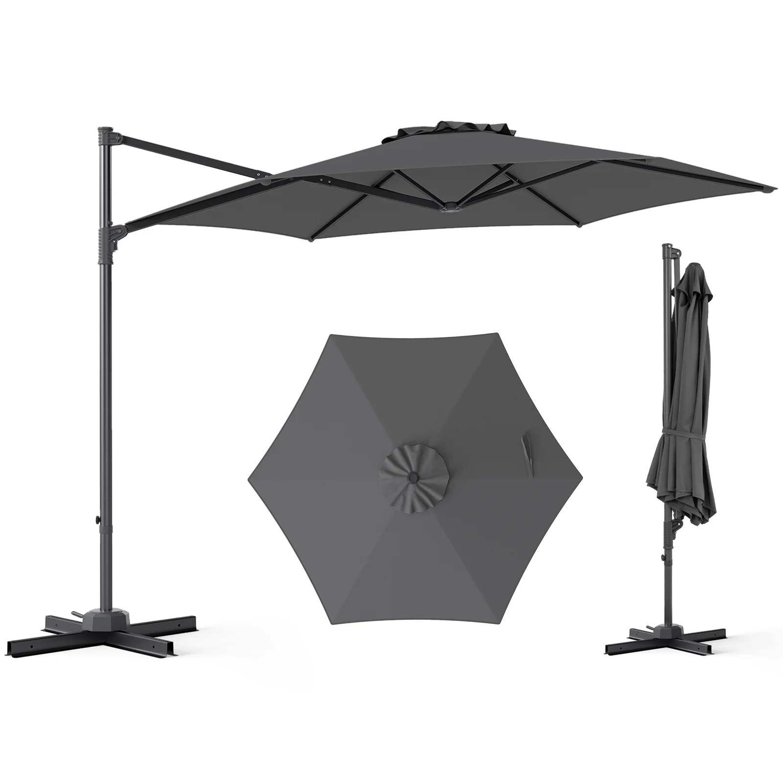 10 FT Patio Cantilever Umbrella, 360° Rotation, Air Vent, Gray