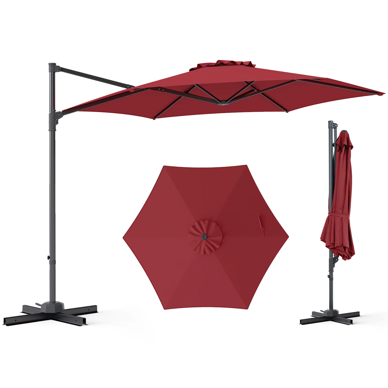 10 FT Patio Cantilever Umbrella, 360° Rotation, Air Vent, Wine