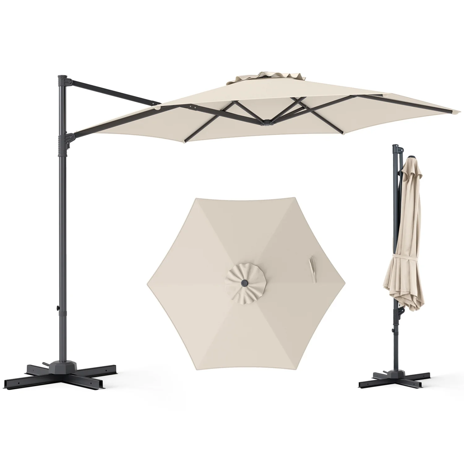 10 FT Patio Cantilever Umbrella, 360° Rotation, Beige
