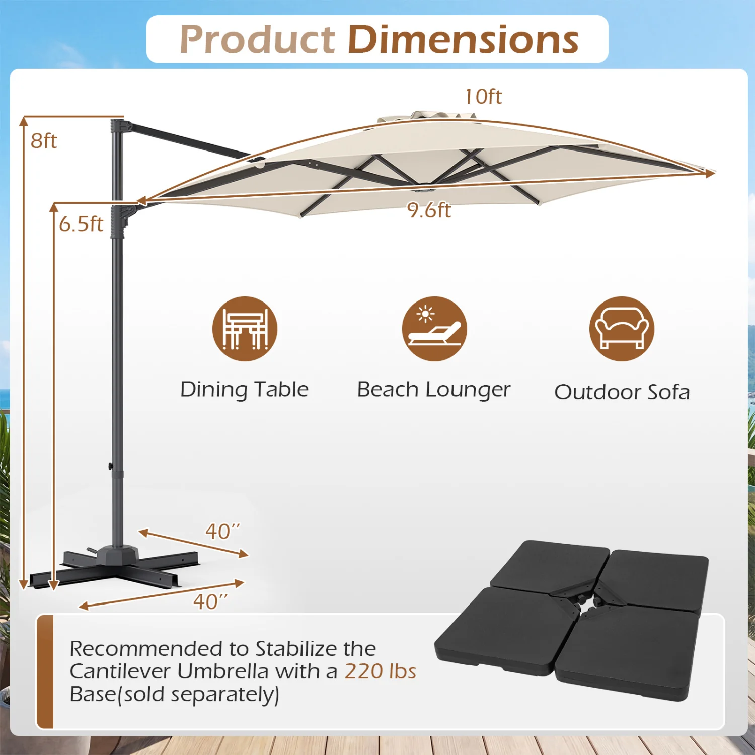 10 FT Patio Cantilever Umbrella, 360° Rotation, Beige - Image 5