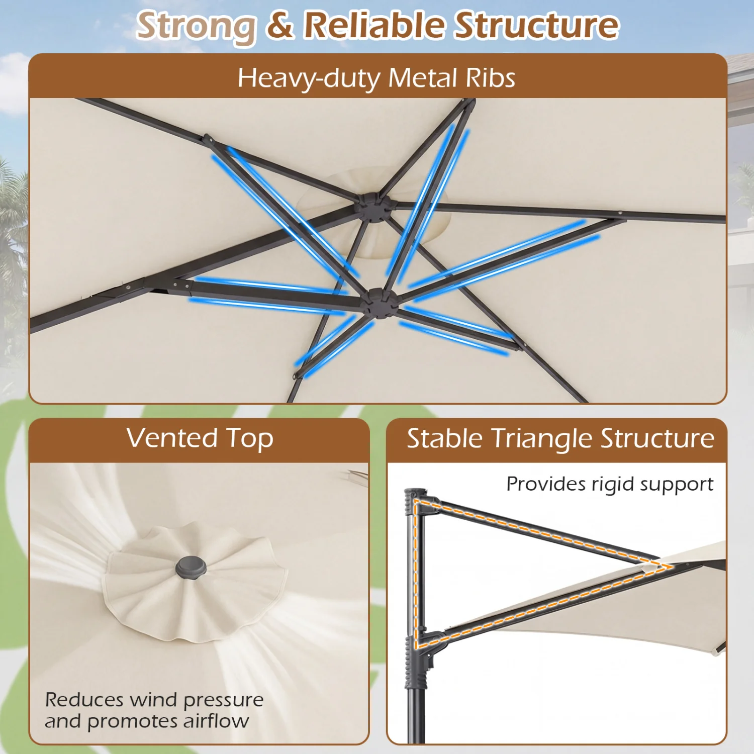 10 FT Patio Cantilever Umbrella, 360° Rotation, Beige - Image 8