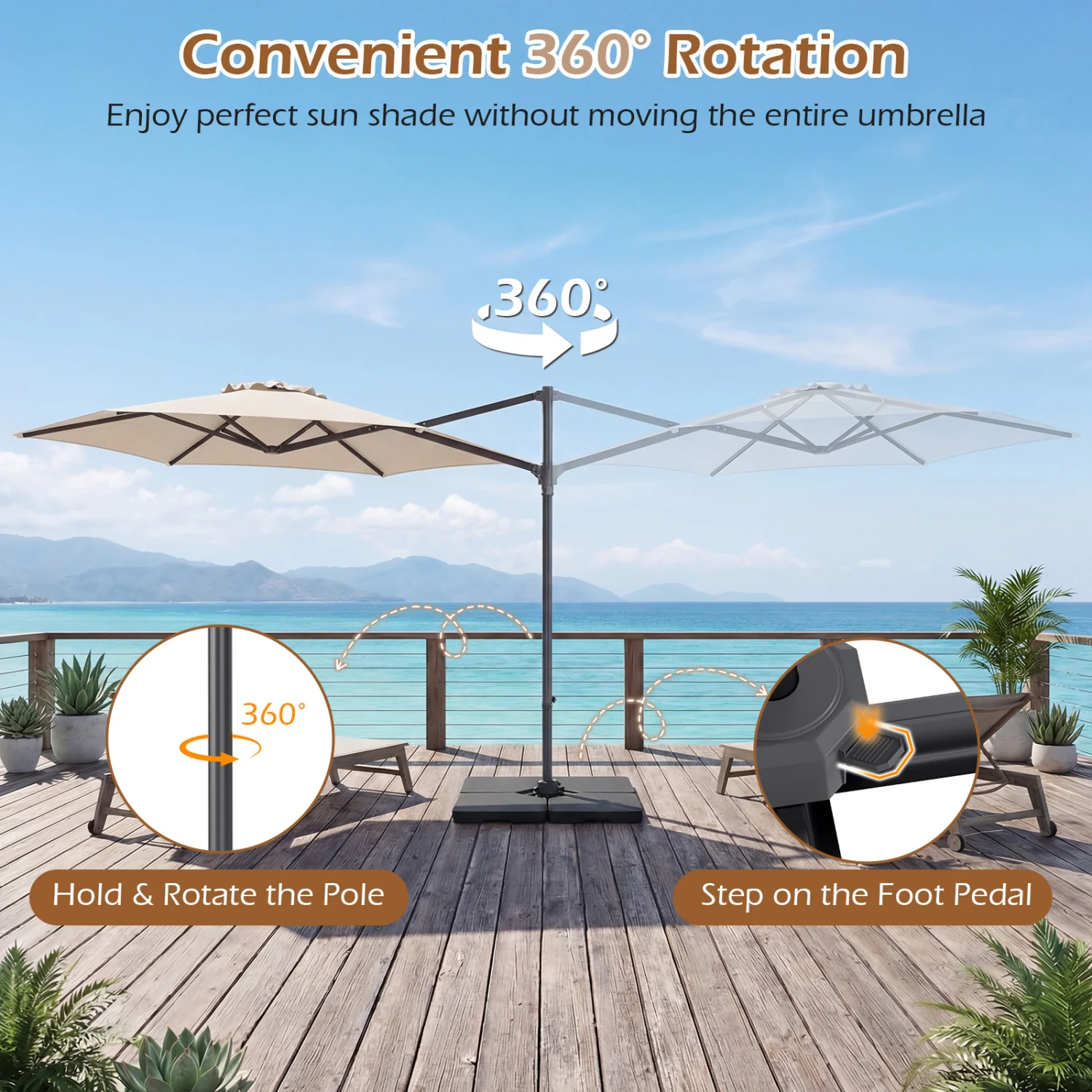 10 FT Patio Cantilever Umbrella, 360° Rotation, Beige - Image 9