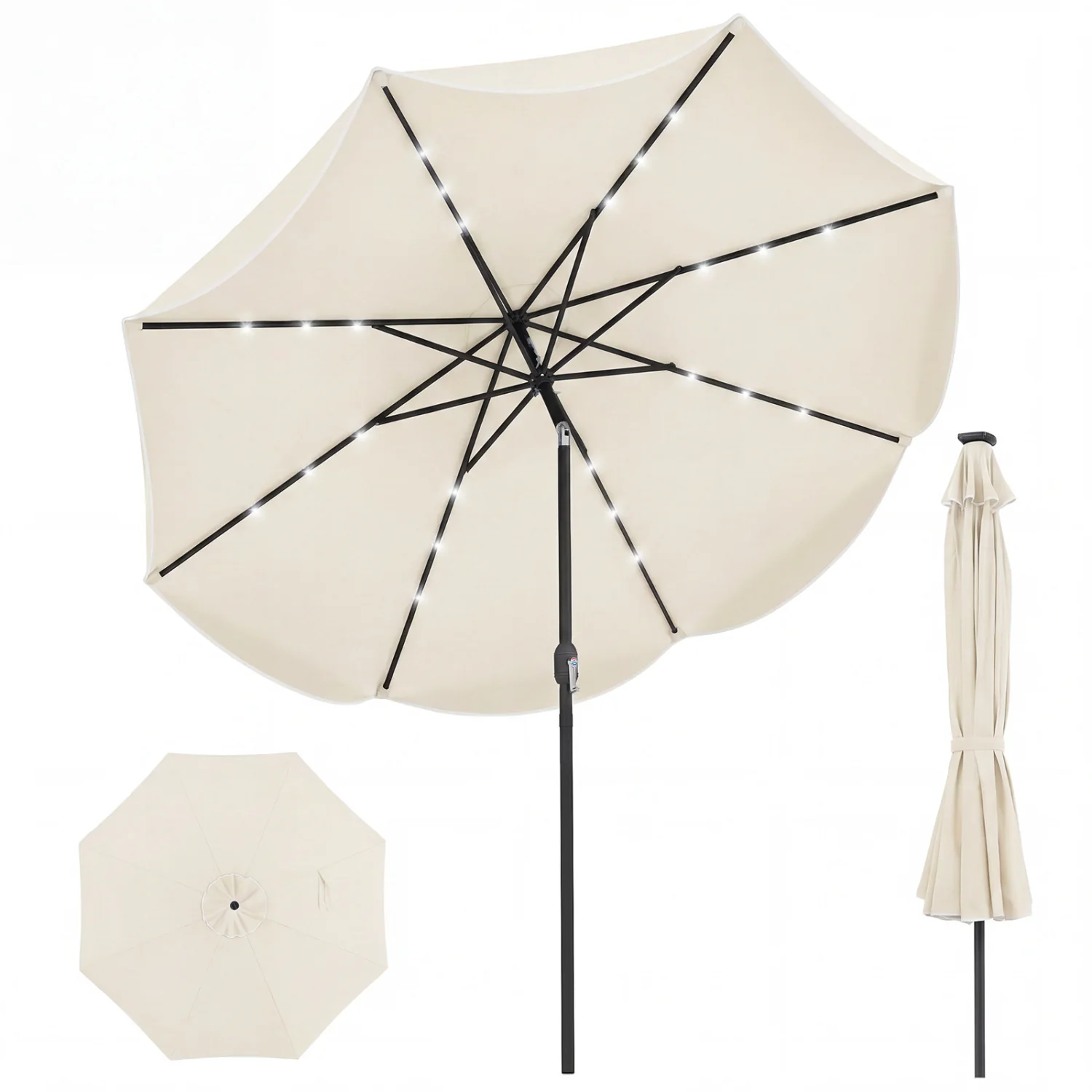 10 FT Scalloped Solar Patio Umbrella With 24 LED Lights, Beige