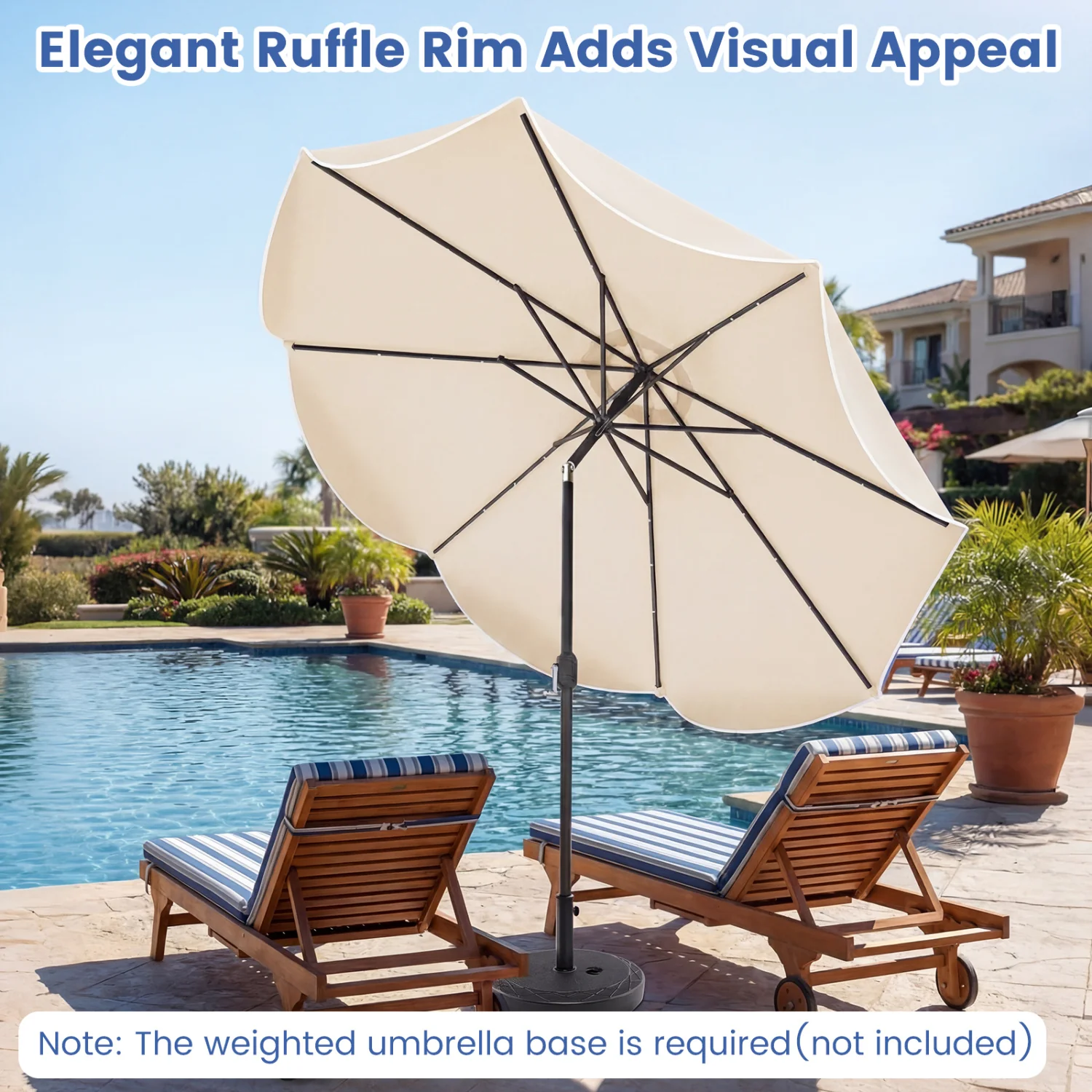10 FT Scalloped Solar Patio Umbrella With 24 LED Lights, Beige - Image 6