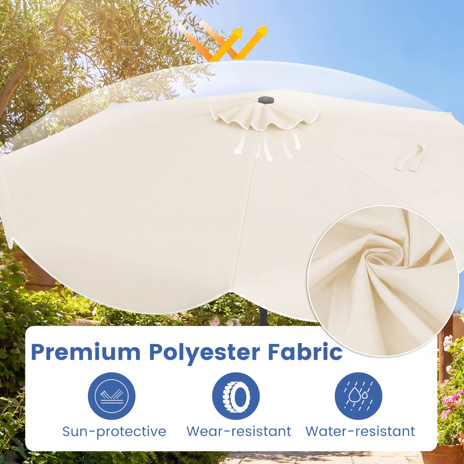 10 FT Scalloped Solar Patio Umbrella With 24 LED Lights, Beige - Image 7