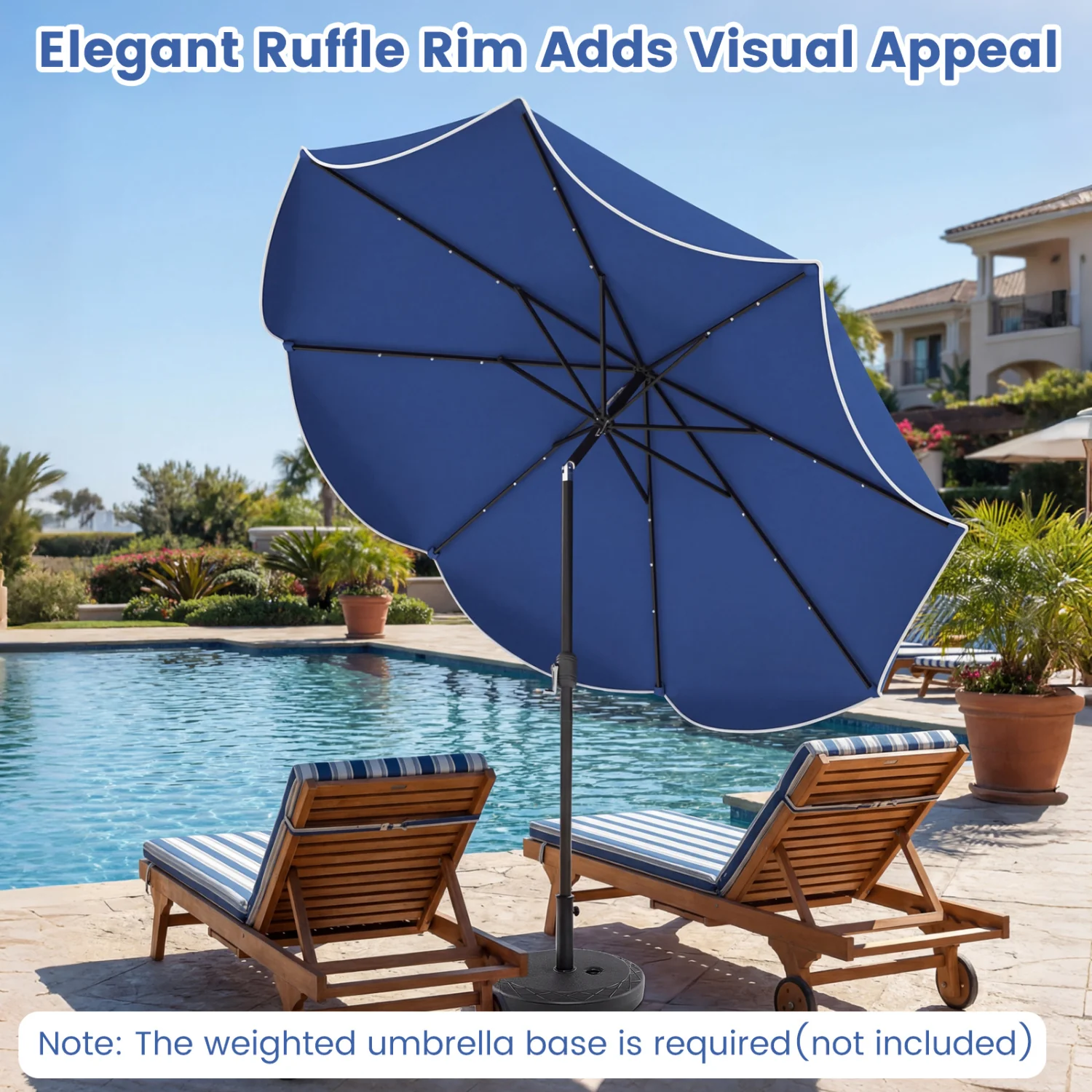 10 FT Scalloped Solar Patio Umbrella With 24 LED Lights, Navy - Image 6